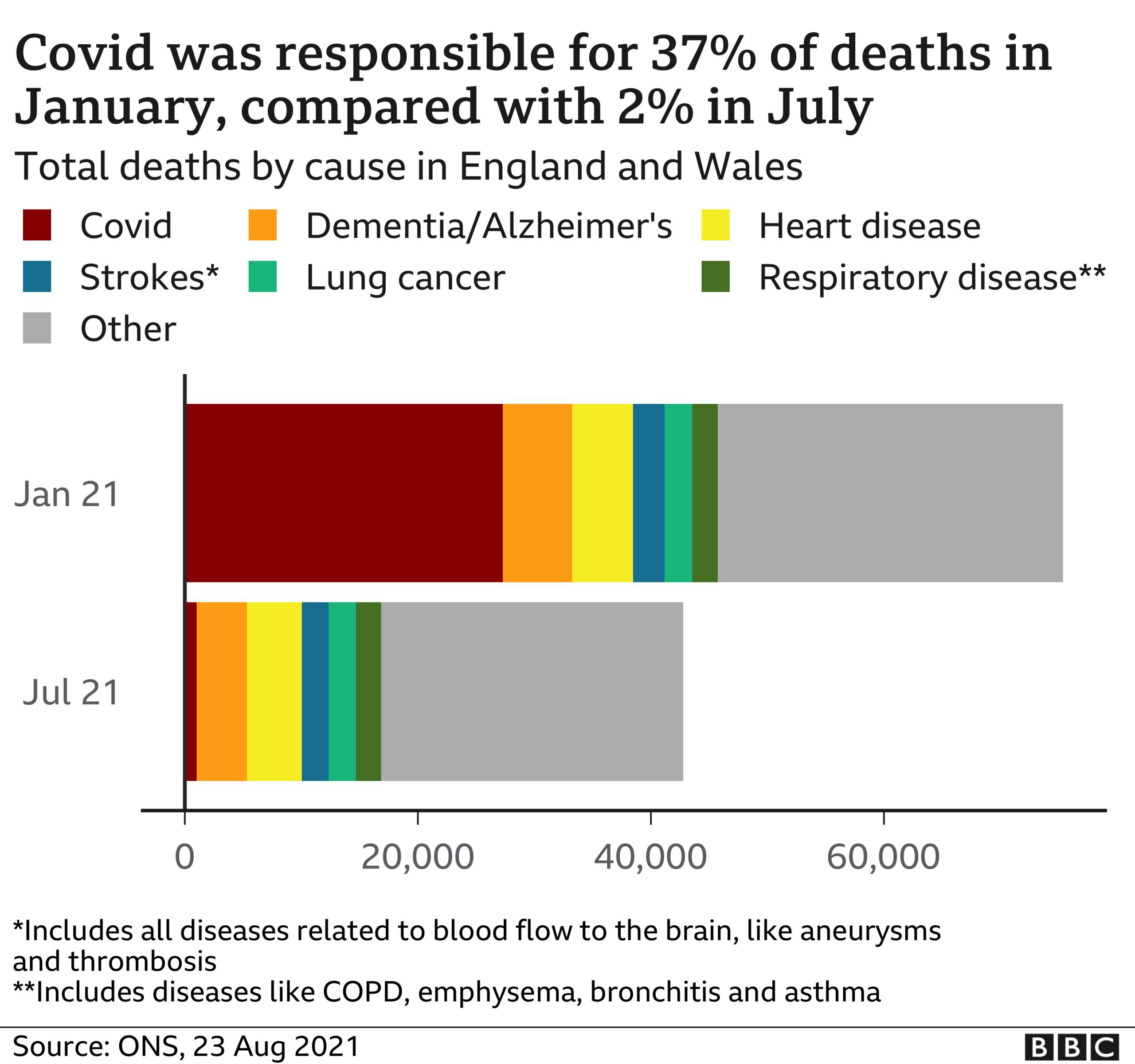 Chart showing causes of death in January and July 2021