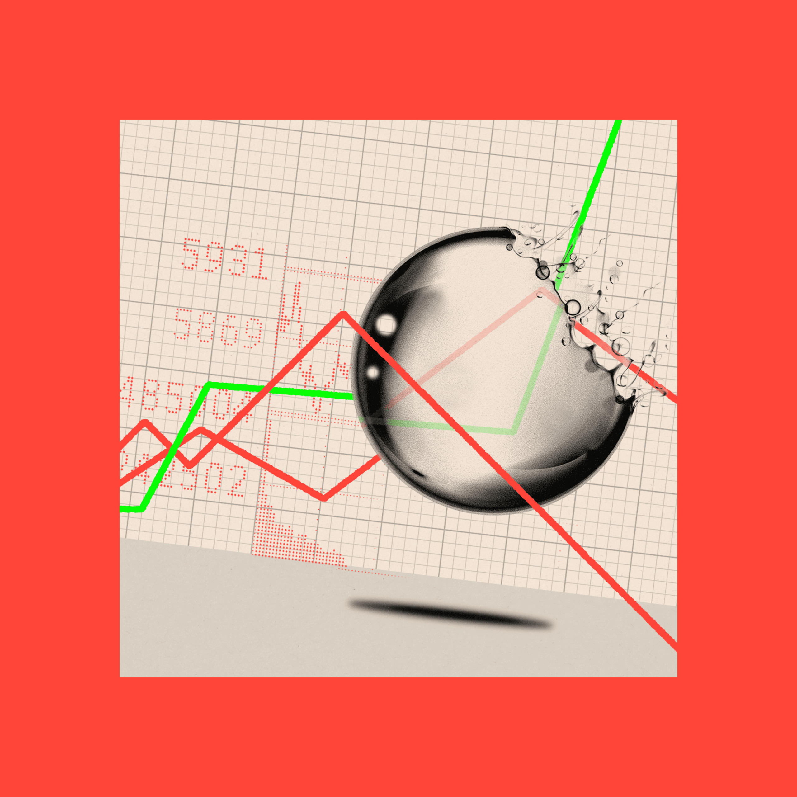 A treated image of a bubble bursting with graph lines running through it
