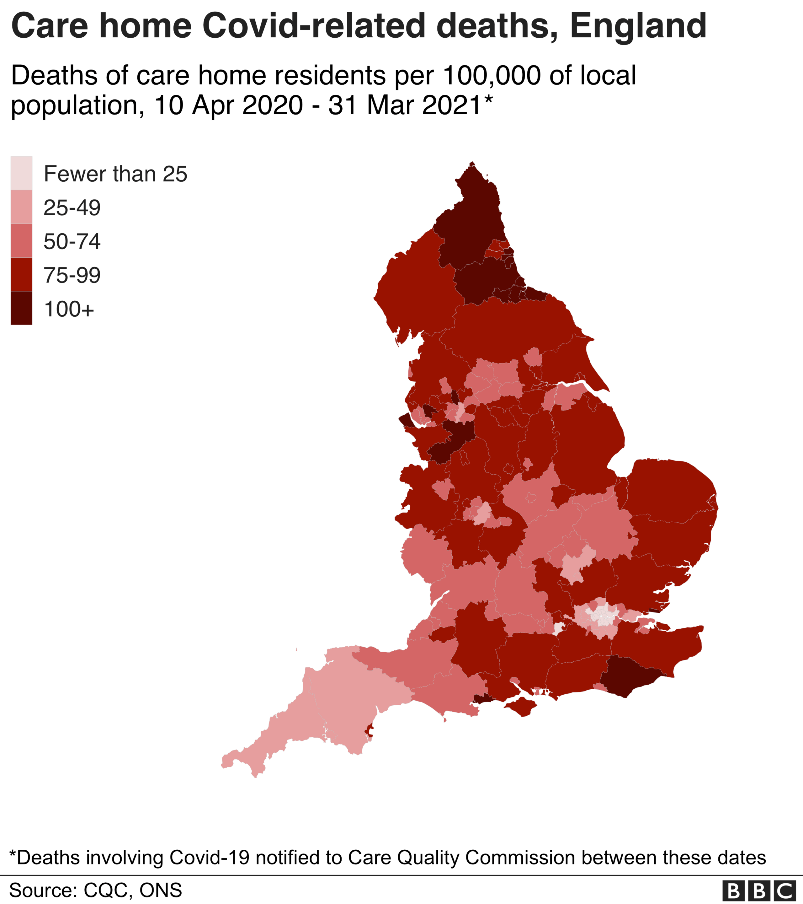 Map showing care home deaths in England