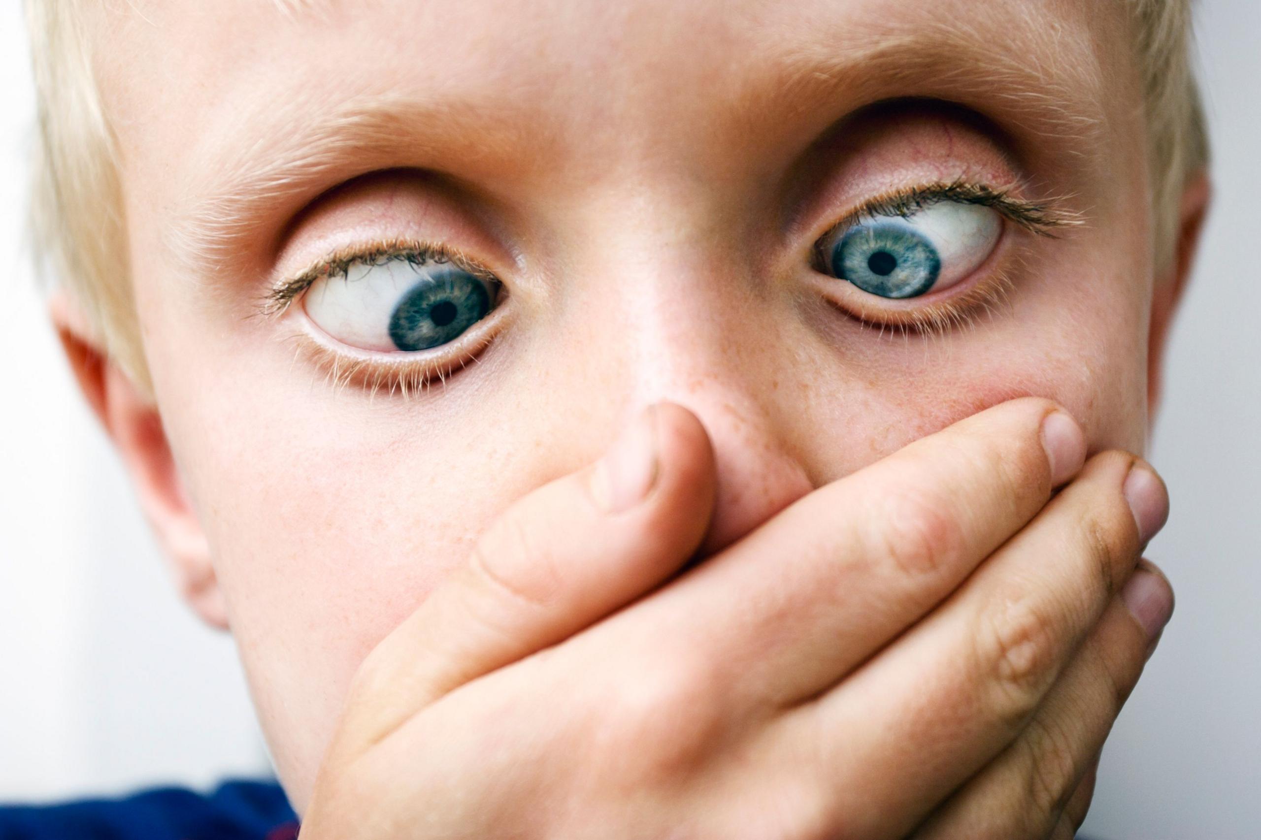 A young boy covers his nose after smelling something