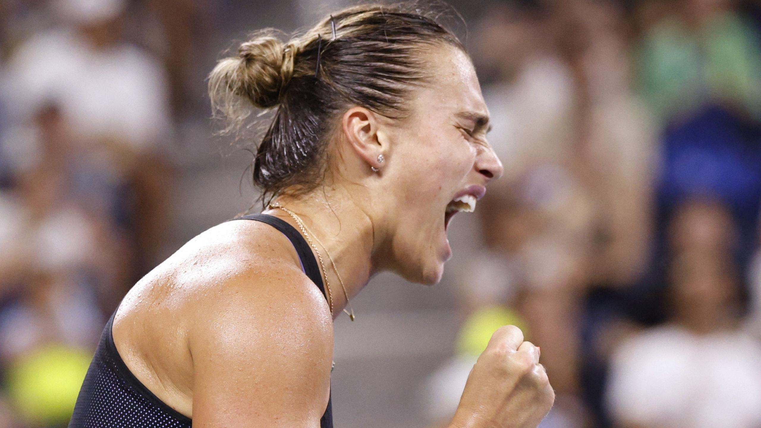 Aryna Sabalenka celebrates a point during her US Open fourth-round match