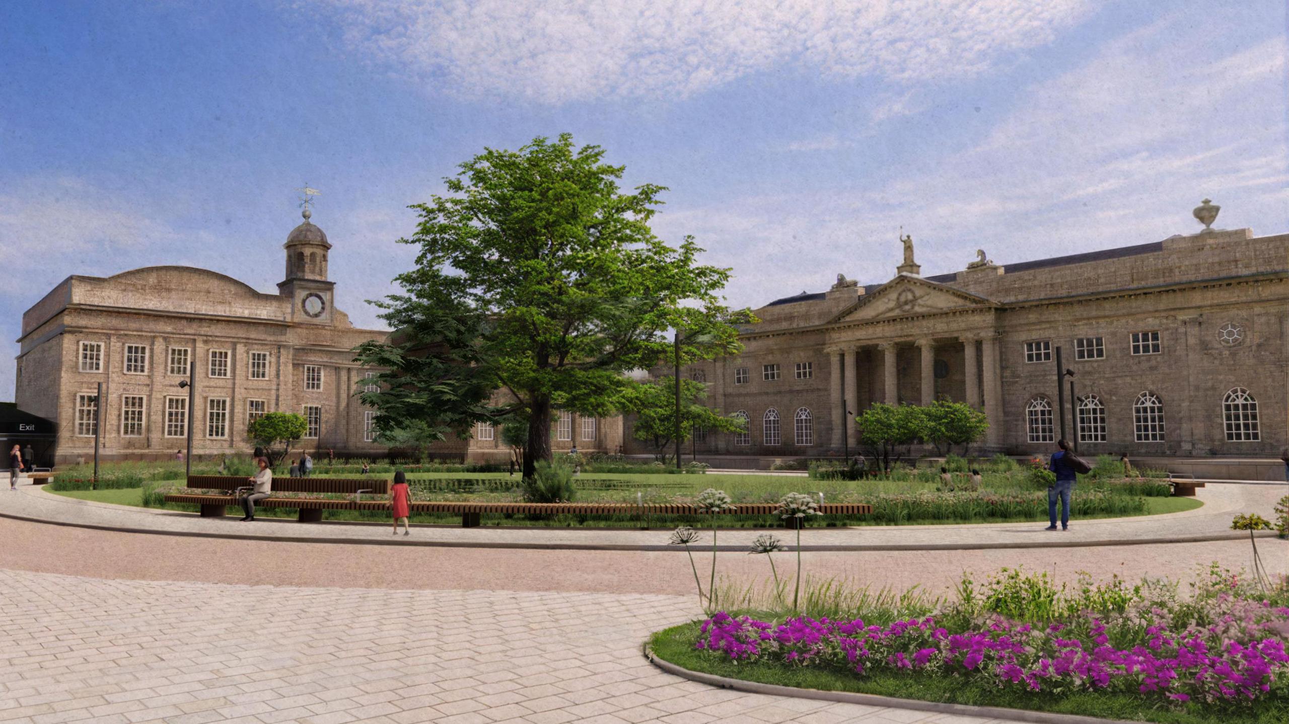 A computer generated image of two two-storey buildings next to each other, one with a small clocktower and one with a colonnaded entrance and a statue of the scales of justice above it. A circle of grass in front of the buildings with a tree in the centre.