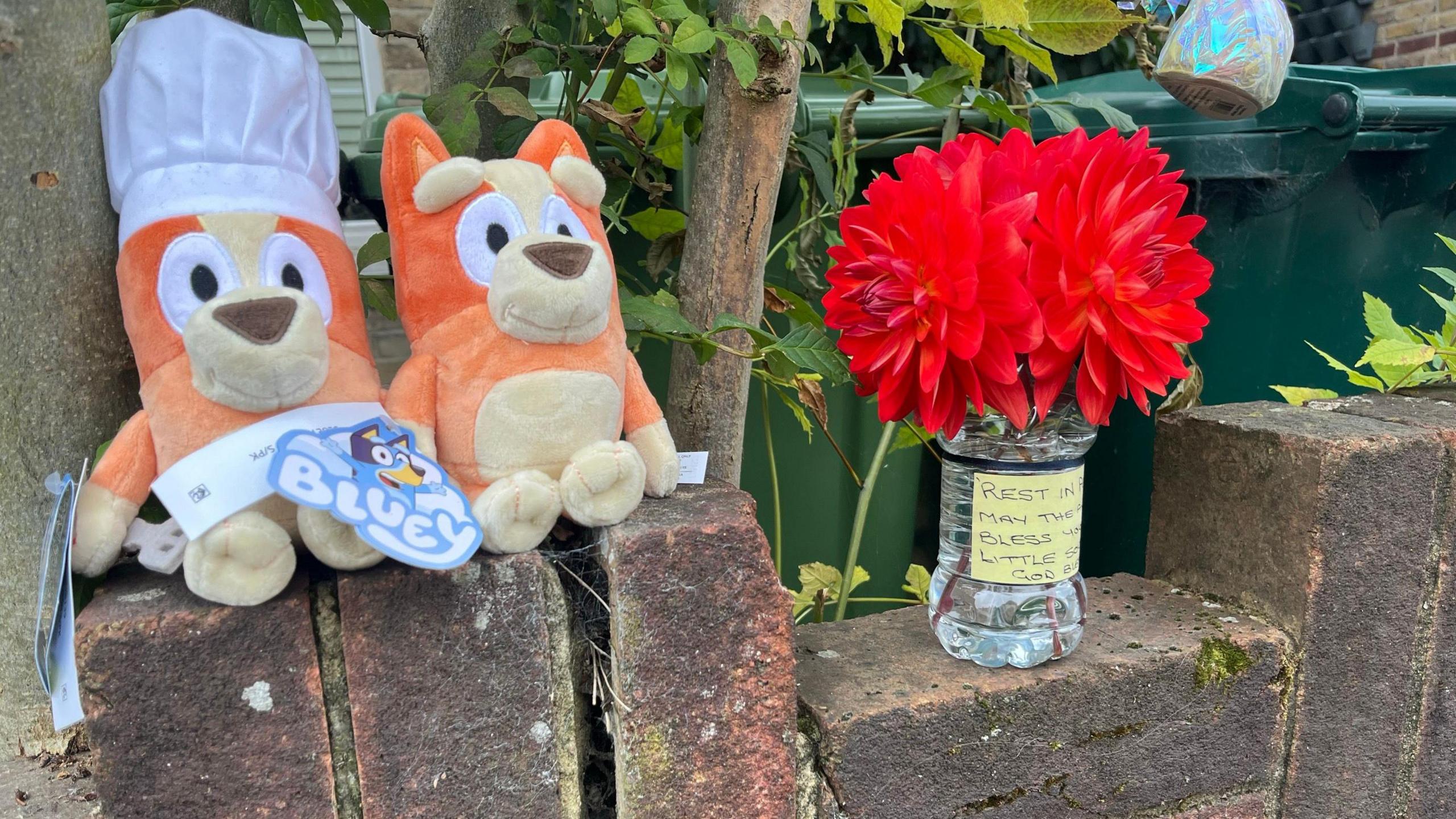 Bluey toys left outside a home in Staines on Monday