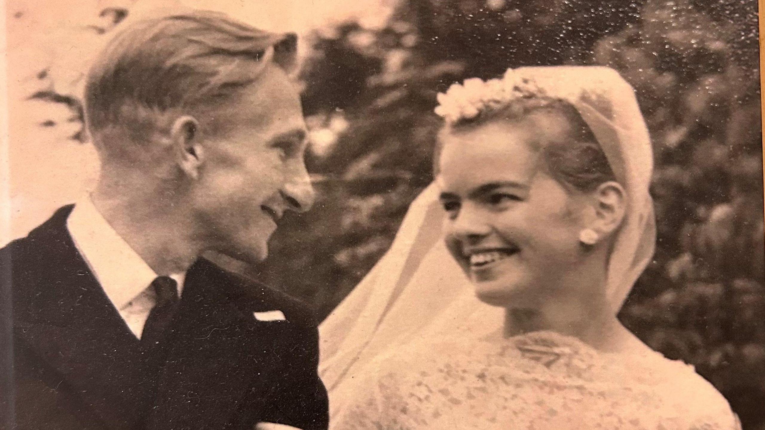 Charles and Jean Wylie on their wedding day in a black and white photo.