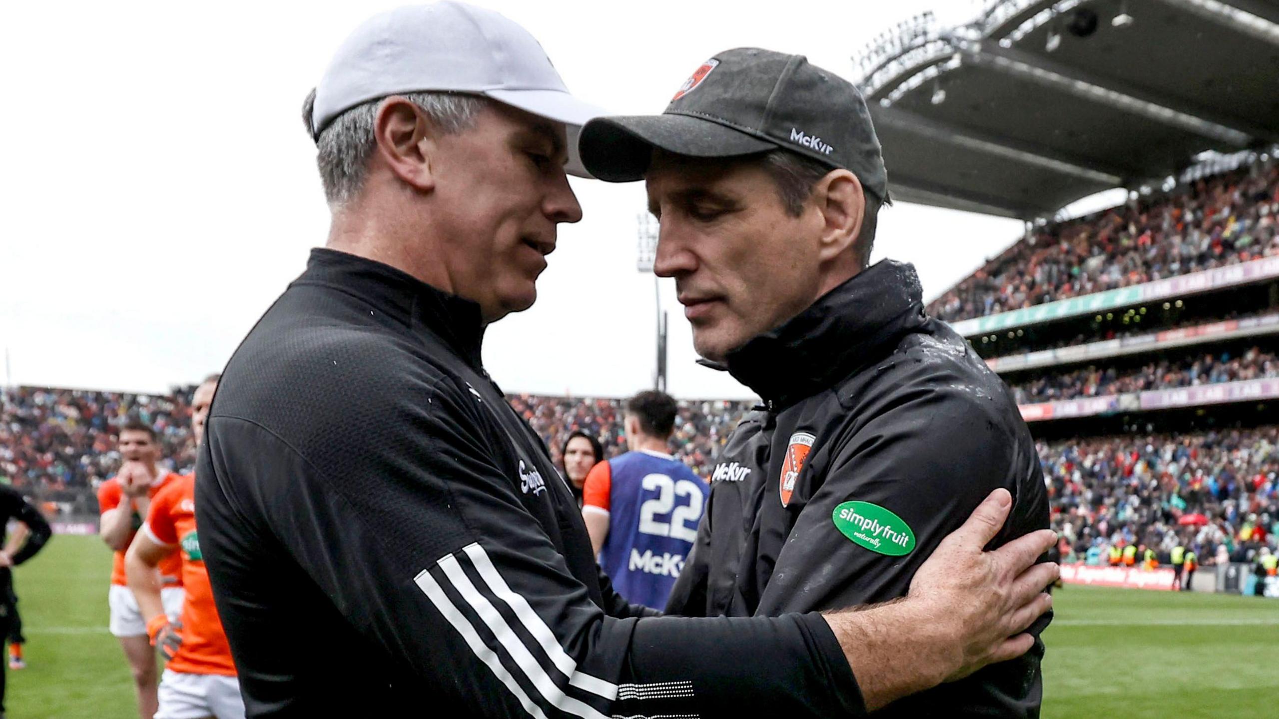 Padraic Joyce consoles Kieran McGeeney after Galway's victory on penalties in the 2022 All-Ireland quarter-final