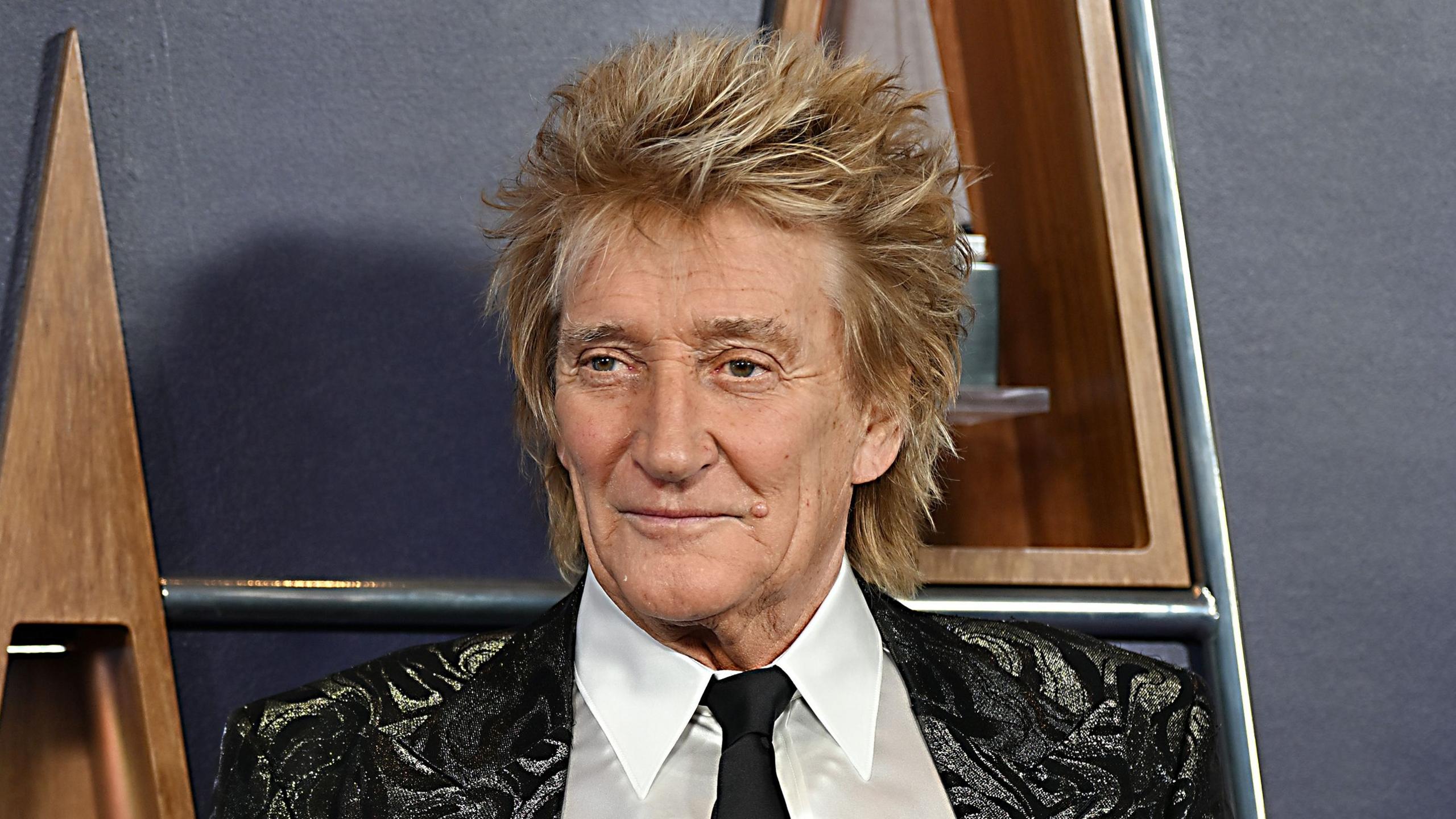 Sir Rod Stewart poses on a red carpet