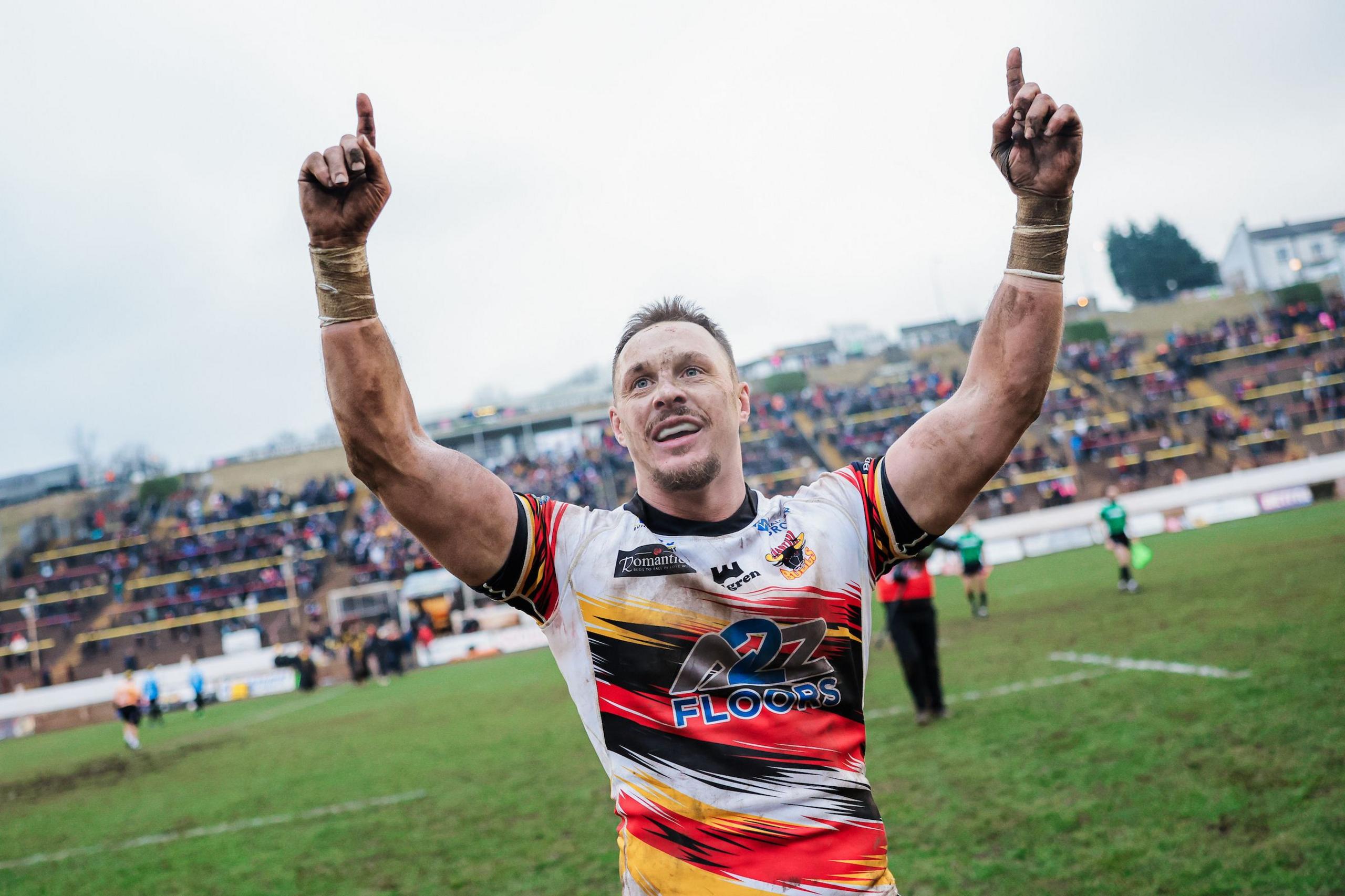 Jamie Donaldson of Bradford Bulls points both fingers into the air in celebration