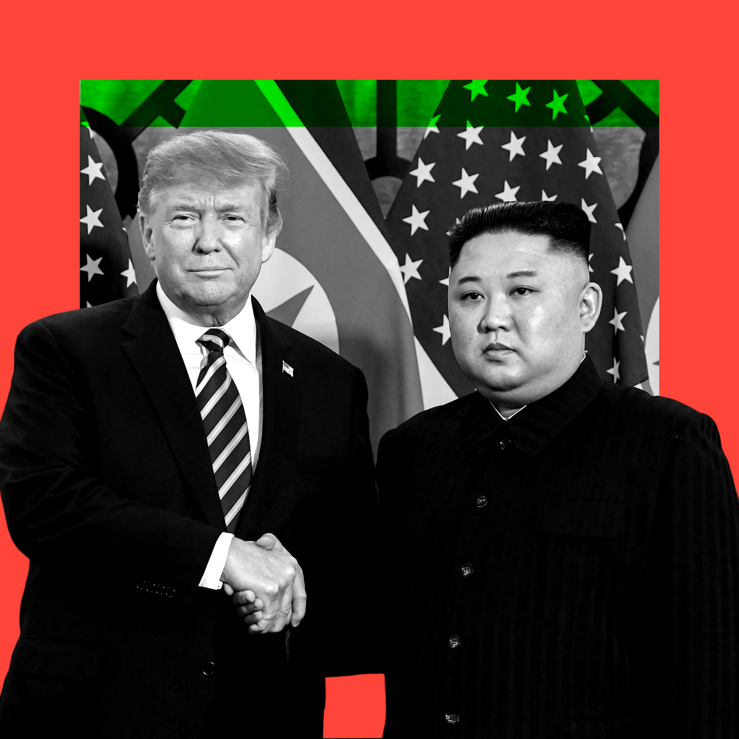 A treated image shows Trump and Kim shaking hands