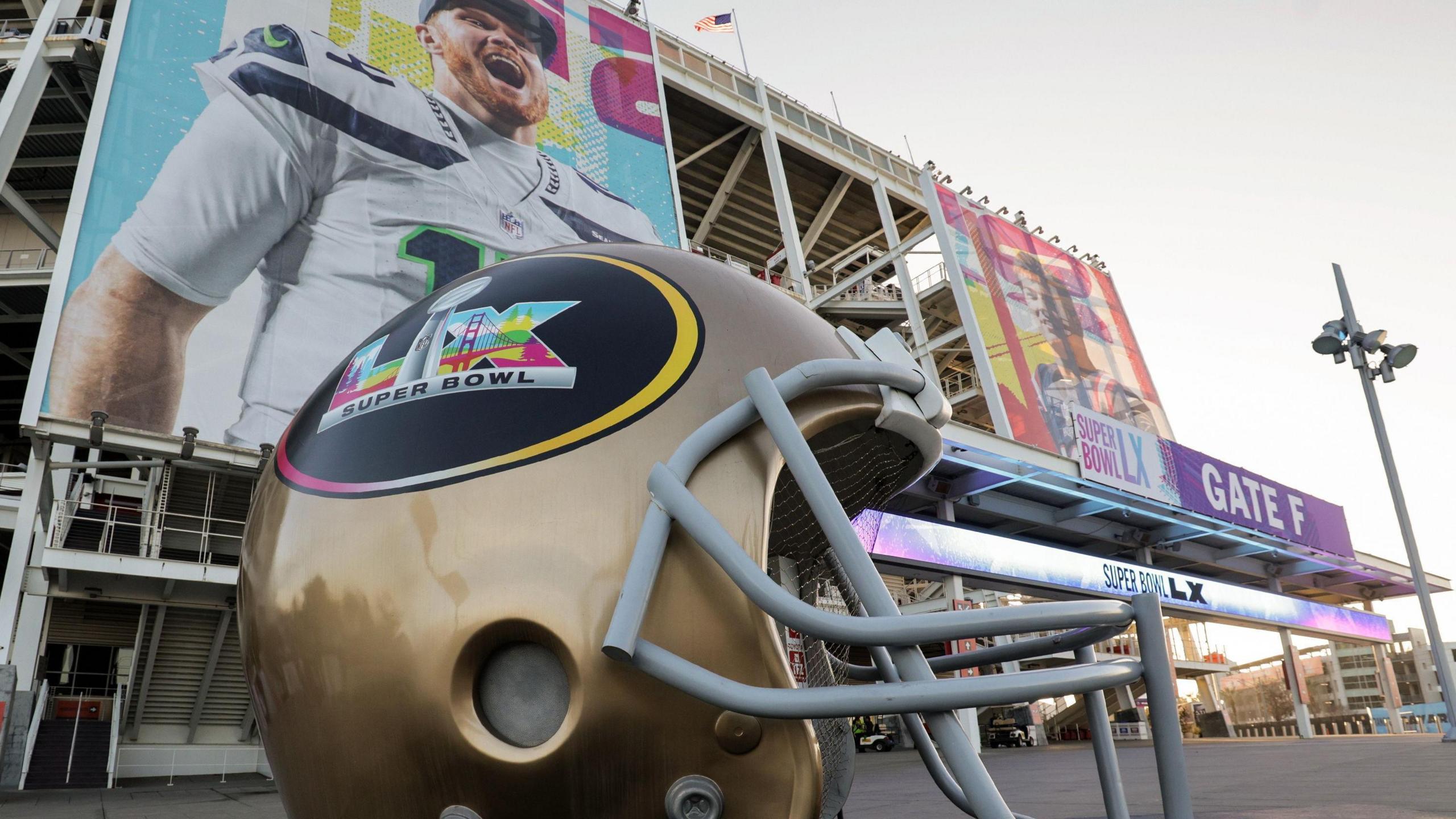 An American football helmet is seen on the ground outside Levi's Stadium in Santa Clara, California where the Super Bowl is taking place. 