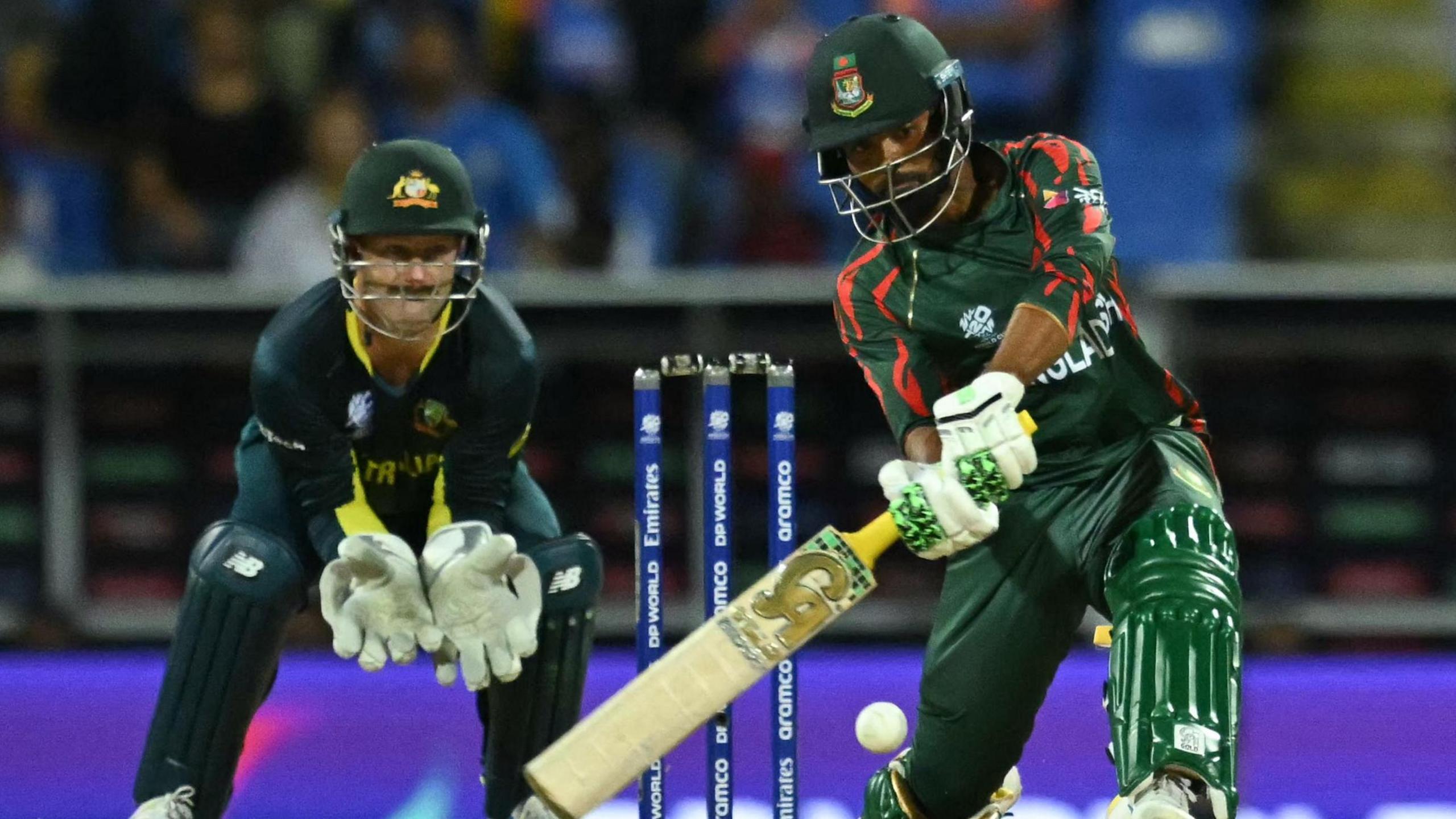 Bangladesh batter Towhid Hridoy hits out against Australia in a T20 World Cup match in 2024