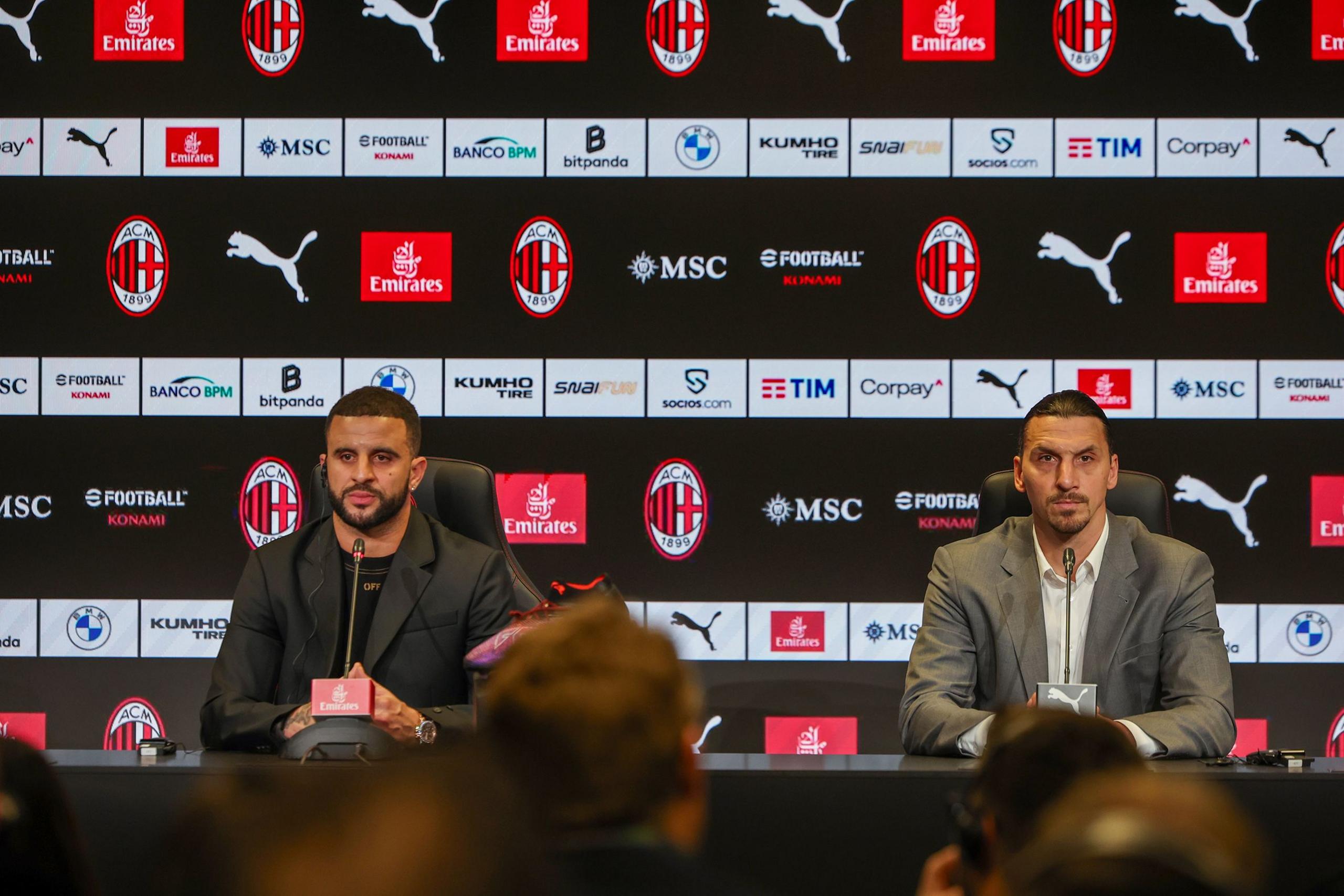 AC Milan new Signing Kyle Walker and AC Milan Senior Advisor to Ownership Zlatan Ibrahimovic attend Kyle Walker's Press Conference  in Milan, Italy