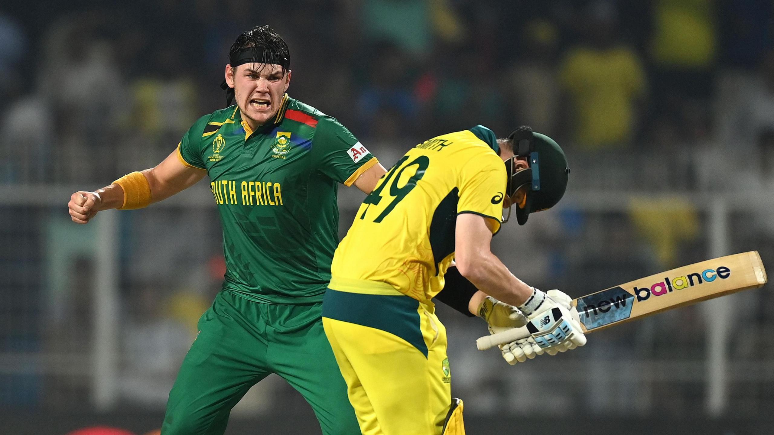 South Africa bowler Gerald Coetzee and Australia batter Steve Smith in 2023