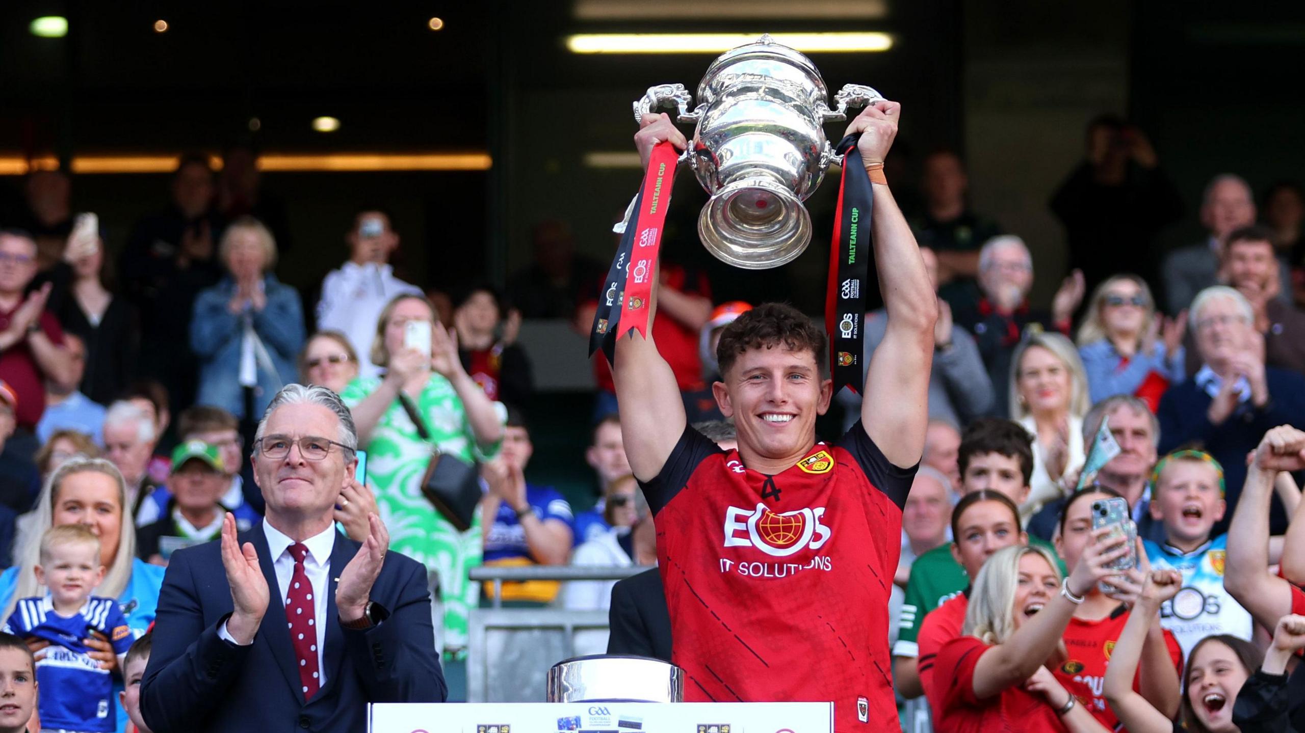 Down captain Pierce Laverty lifts the Tailteann Cup after last years final at Croke Park. 