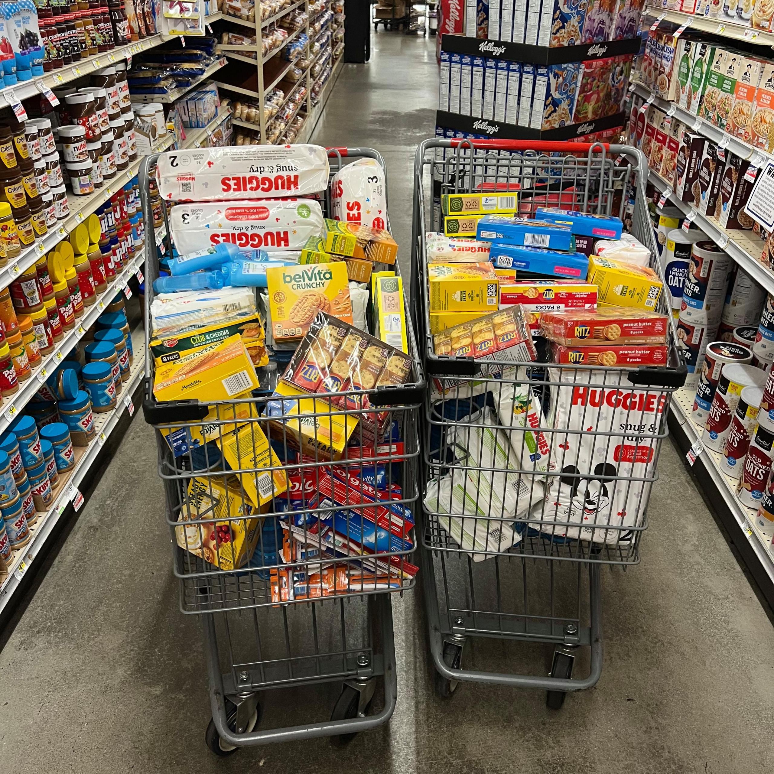 Two supermarket trollies side by side in the middle of a supermarket aisle. They contain non-perishable food supplies, toothpaste and nappies.