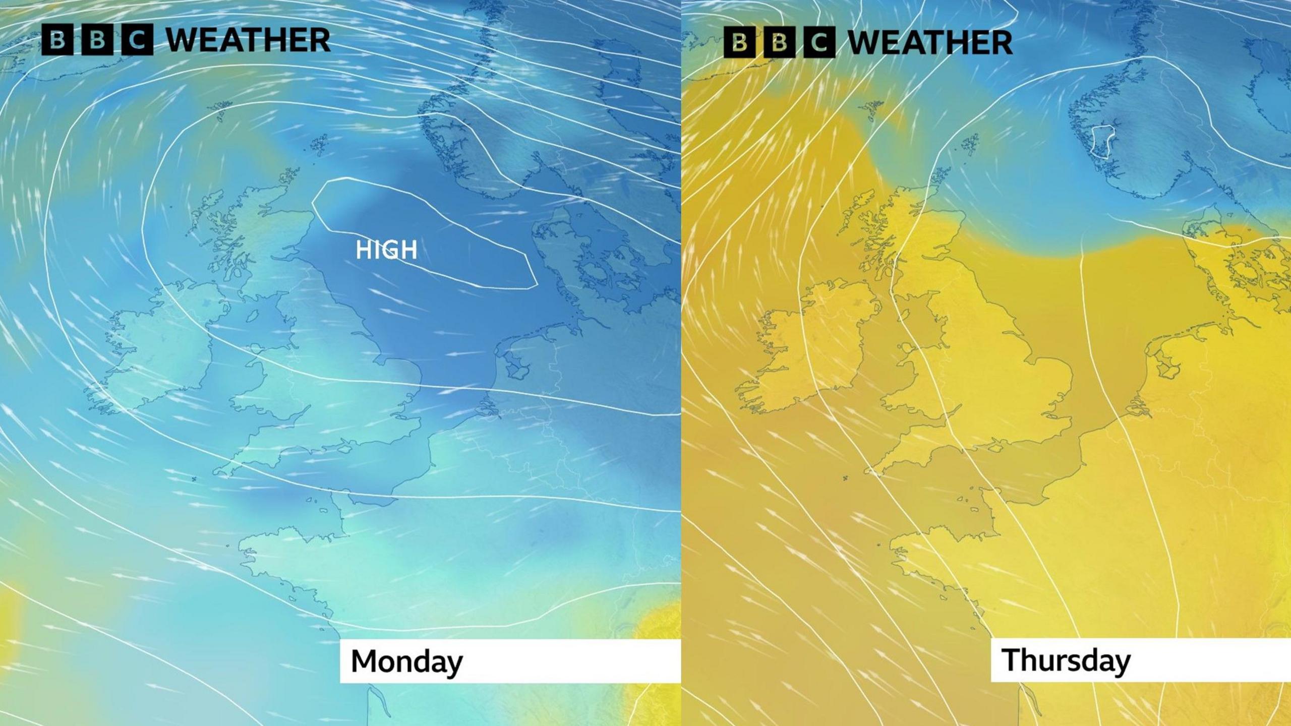 Two weather maps of the UK showing the change in airmass across the UK between Monday and Thursday