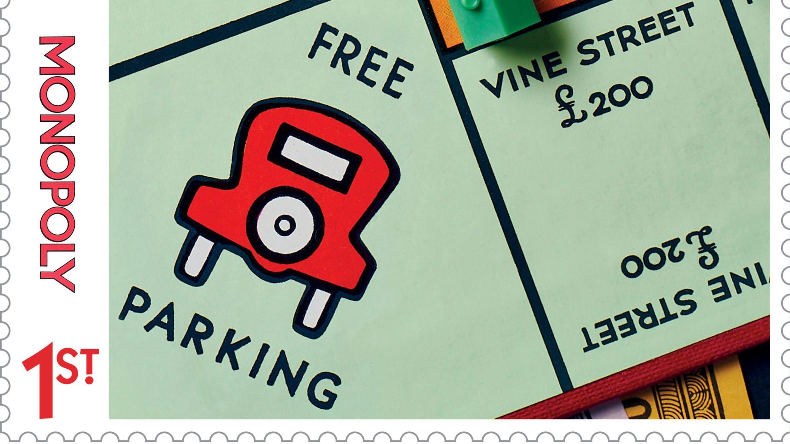 A close-up of a special-edition stamp featuring a Monopoly board, zoomed in on the free parking spot.