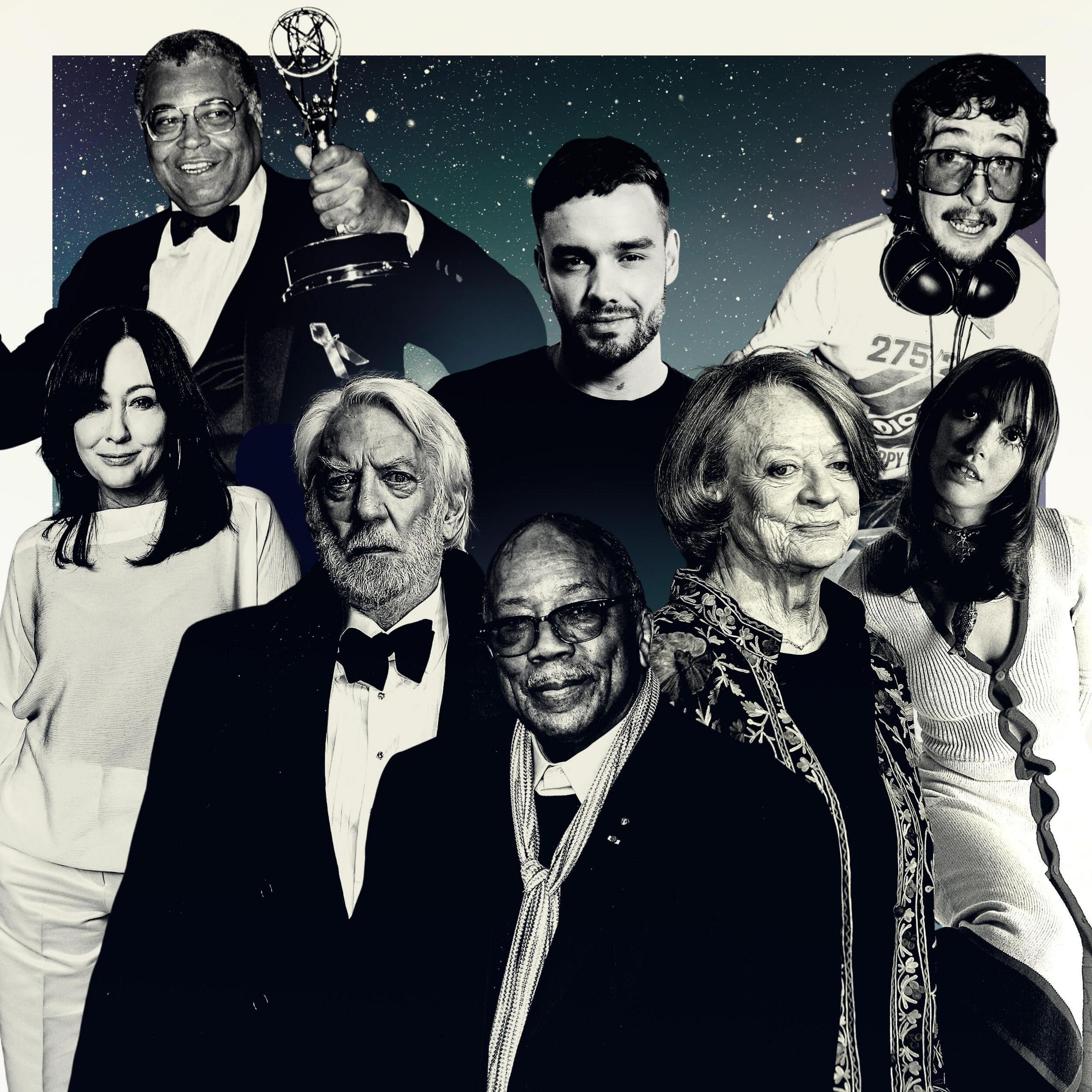 Collage - clockwise James Earl Jones, Liam Payne, Steve Wright, Shannen Doherty, Donald Sutherland, Quincy Jones, Dame Maggie Smith, Shelley Duvall