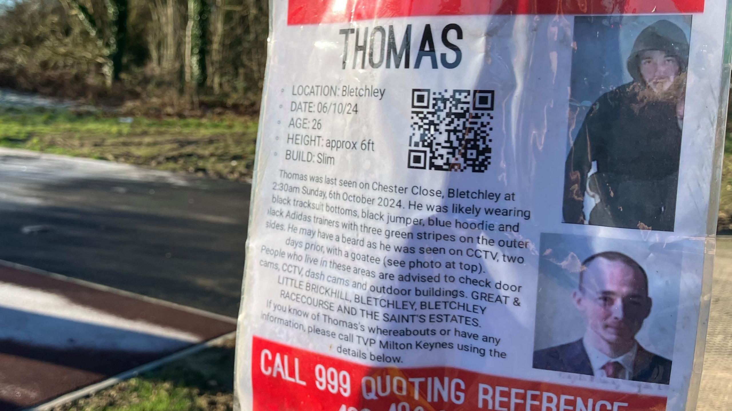 A poster on a lampost of a missing man called Thomas with a description of him and two pictures.