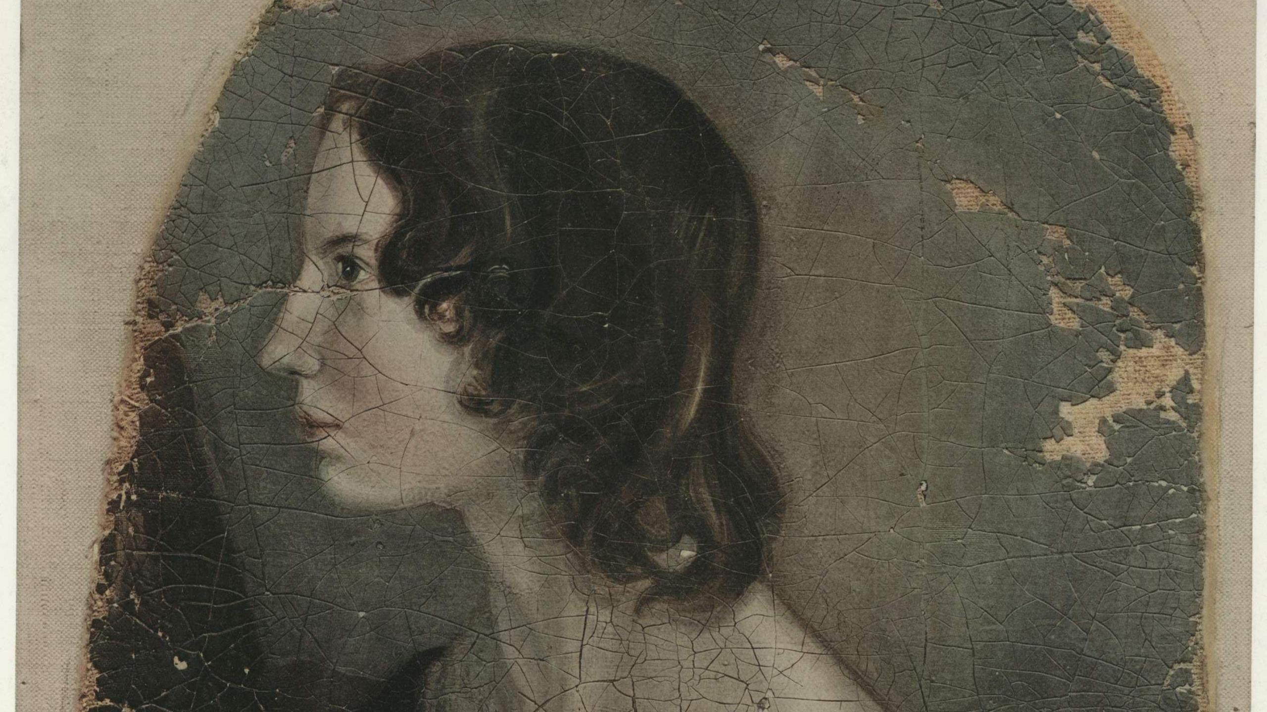 A piece of canvas with cracked paint showing a woman's head from the side with patches that have flaking off.