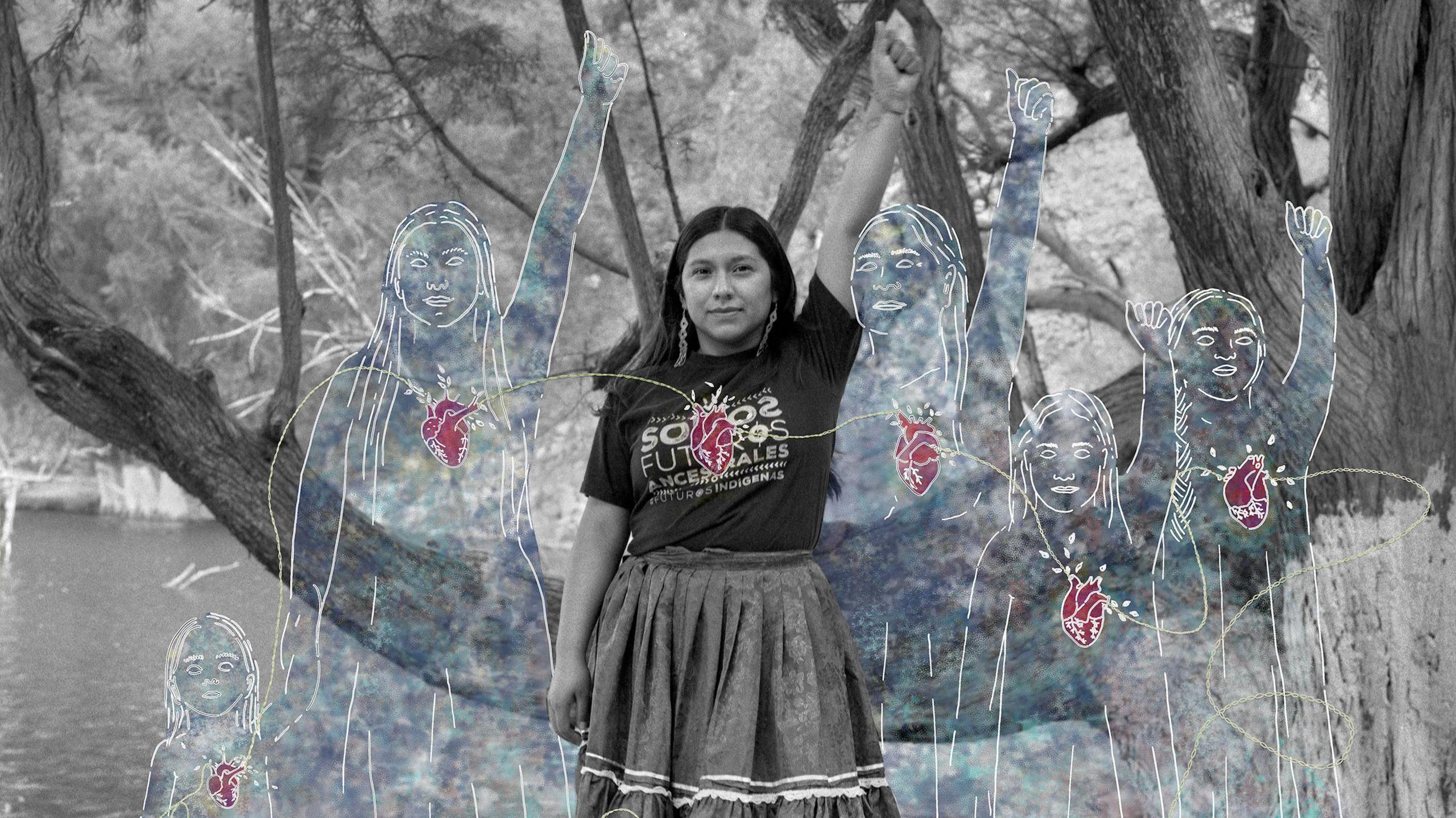 a black and white photo of a young girl standing with her arm raised in the air, alongside blue-ish illustrations of other young women doing the same, all standing in front of a tree