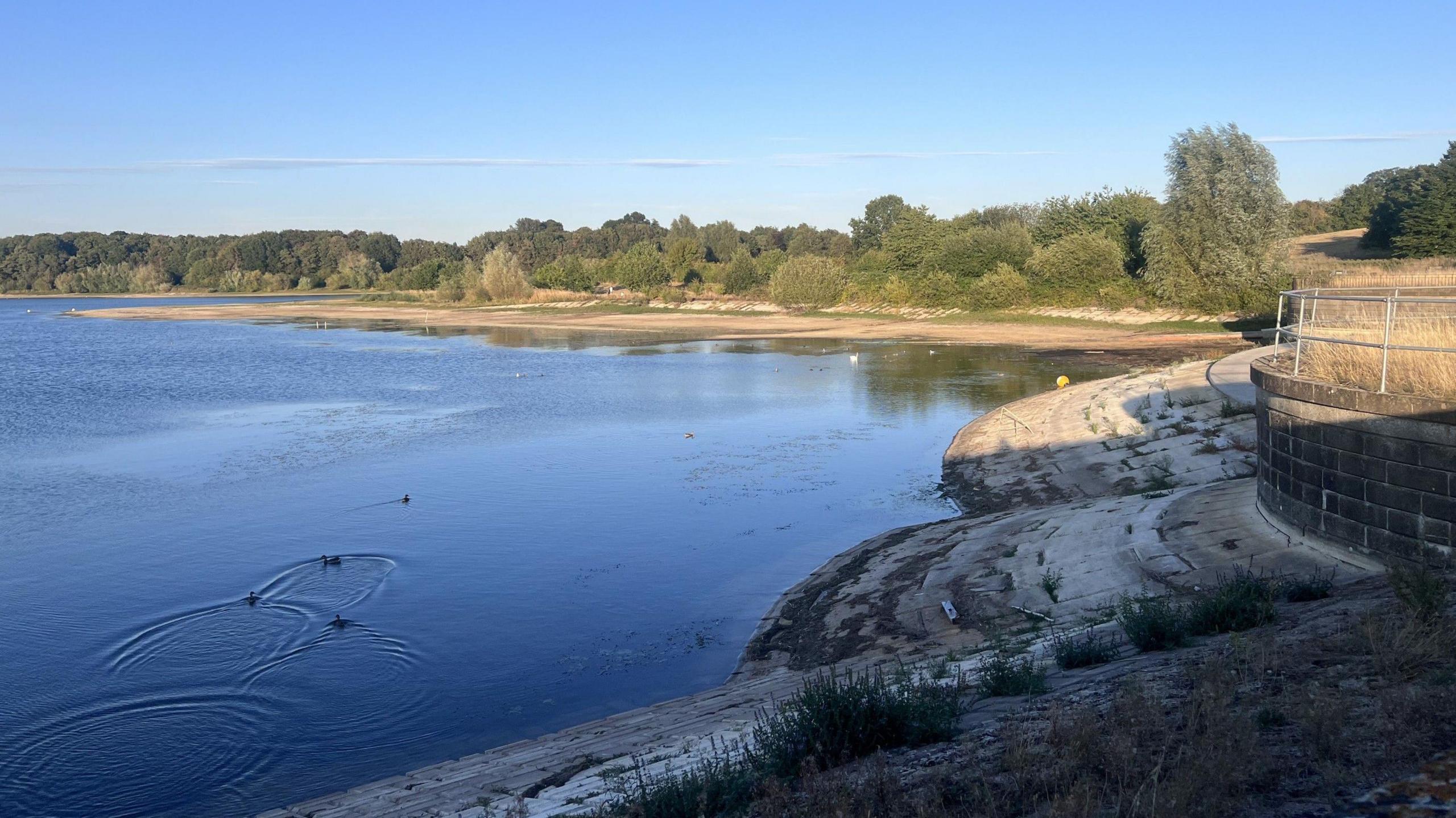 Pitsford Water on a late summer evening. The water level at the causeway is unusually low, exposing dry banks and parts of the retaining wall not usually visible above the surface.
