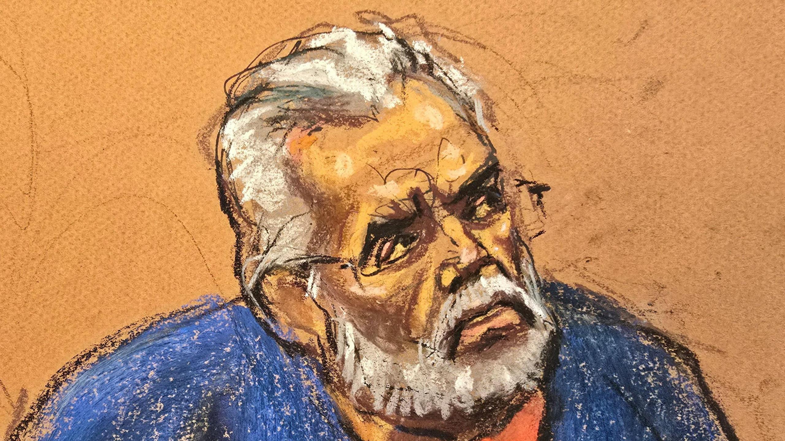 Court sketch of Ismael "El Mayo" Zambada from 25 August 2025. He has grey and white hair, beard and moustache. he is wearing a blue overshirt and an orange top underneath. 