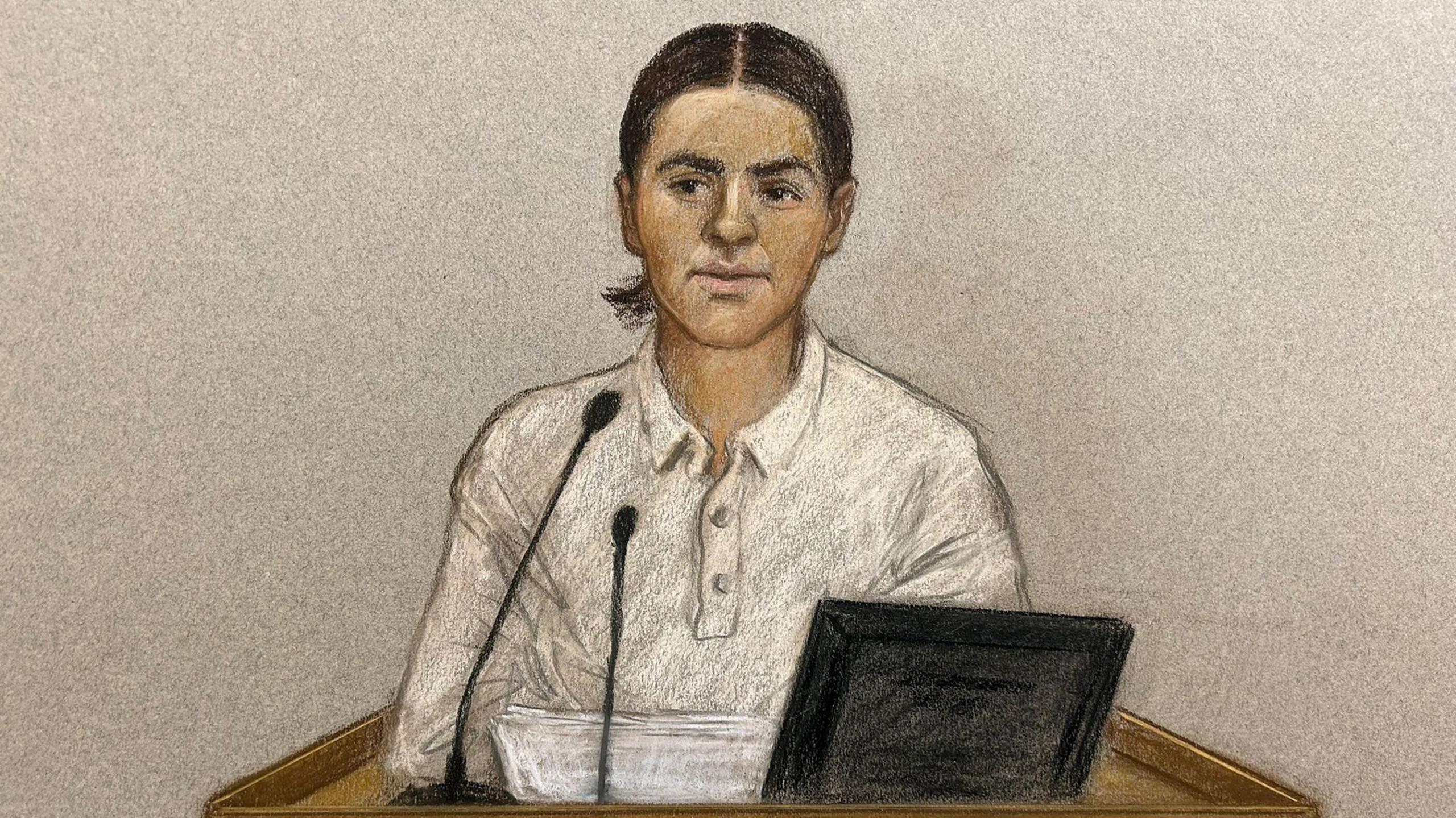 A court sketch of Sam Kerr, who is wearing a white shirt and her hair is in a ponytail. 