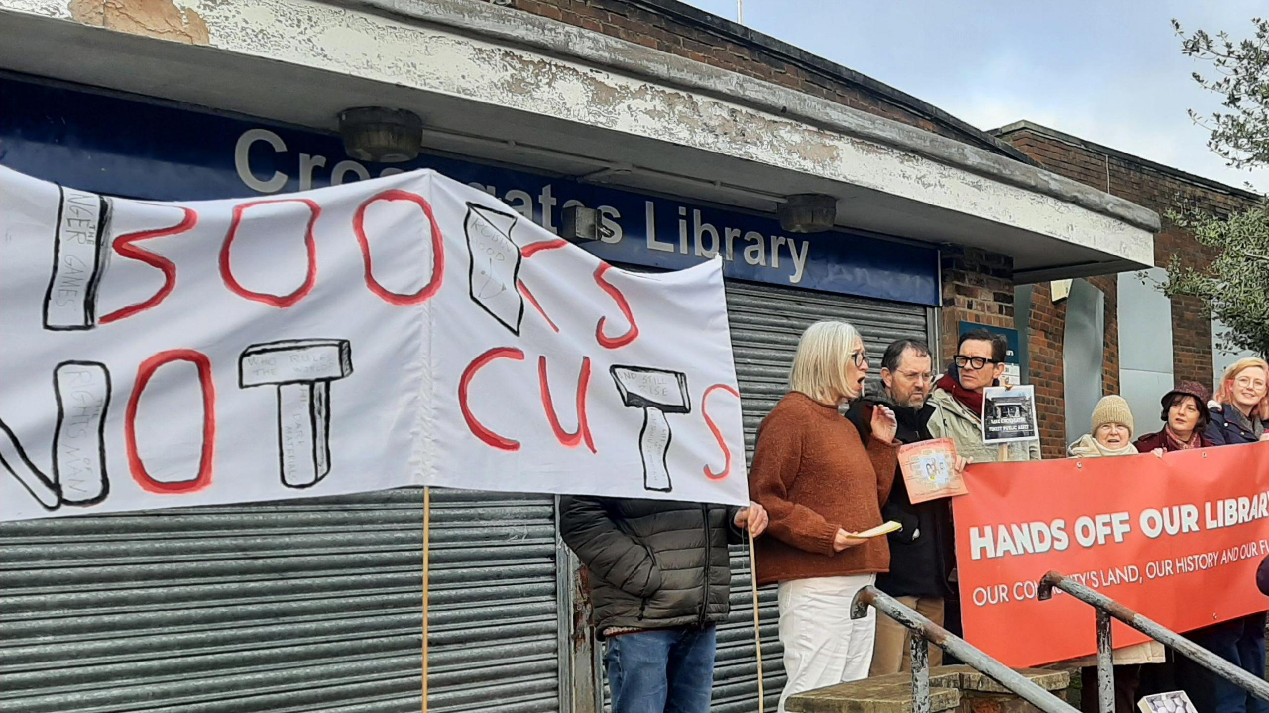 Protest outside Cross Gates' old library in January 2024