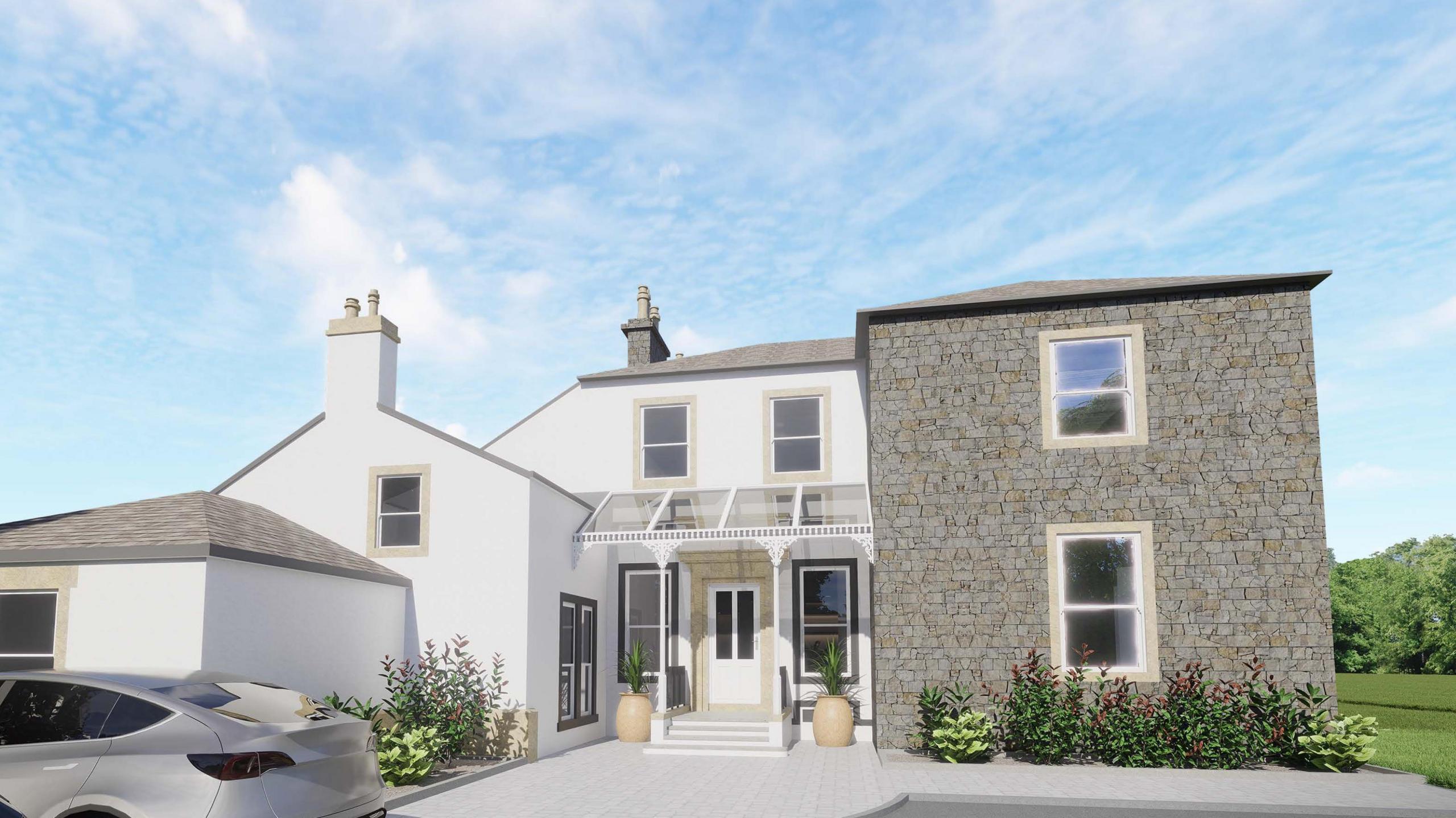 A computer generated view of an extension to a mansion house in southern Scotland. Part of the building is in granite while another section has a smooth white surface with a blue sky above and green fields in the background