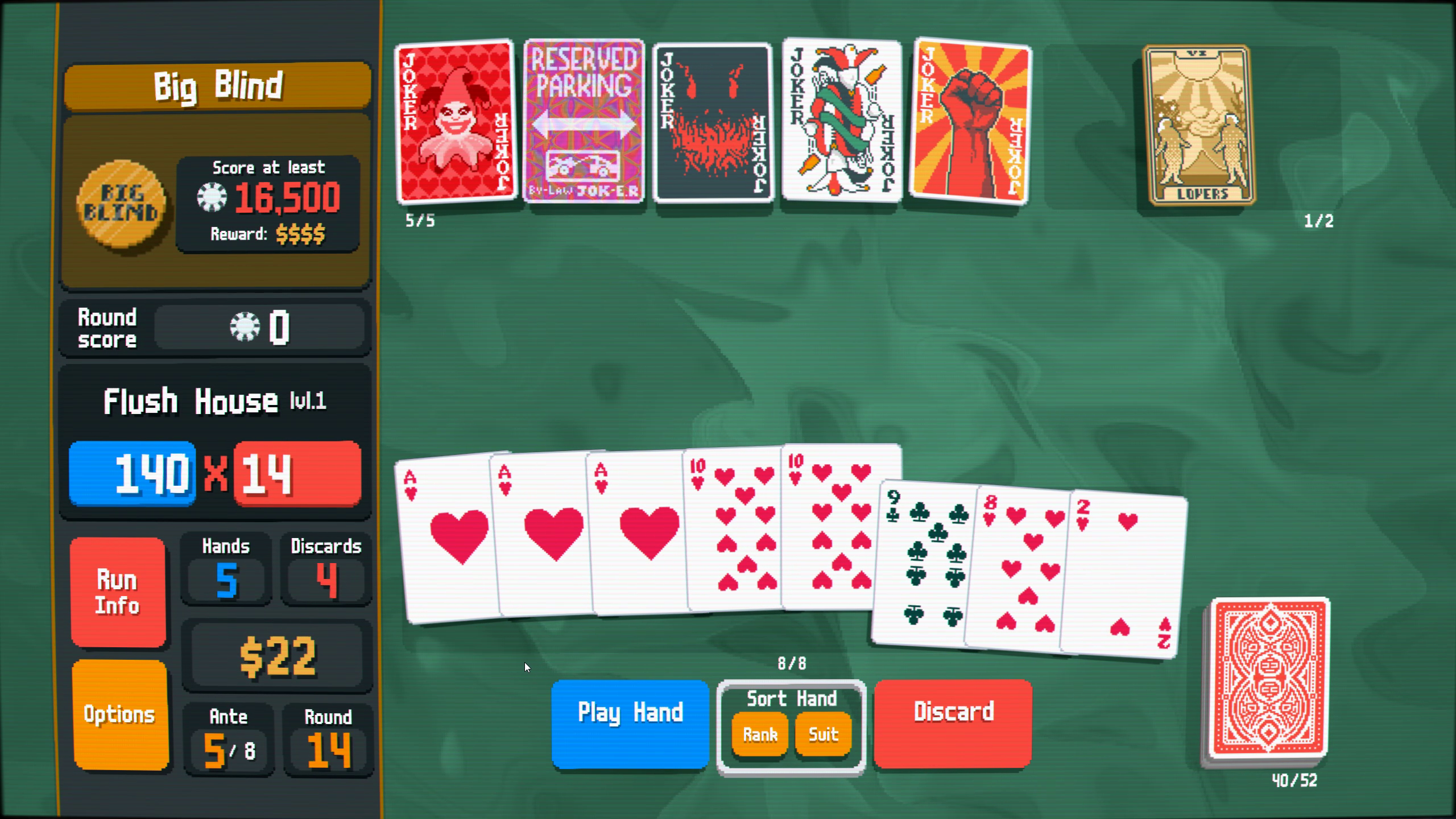 A screenshot of a game with playing cards and numbers on a green background