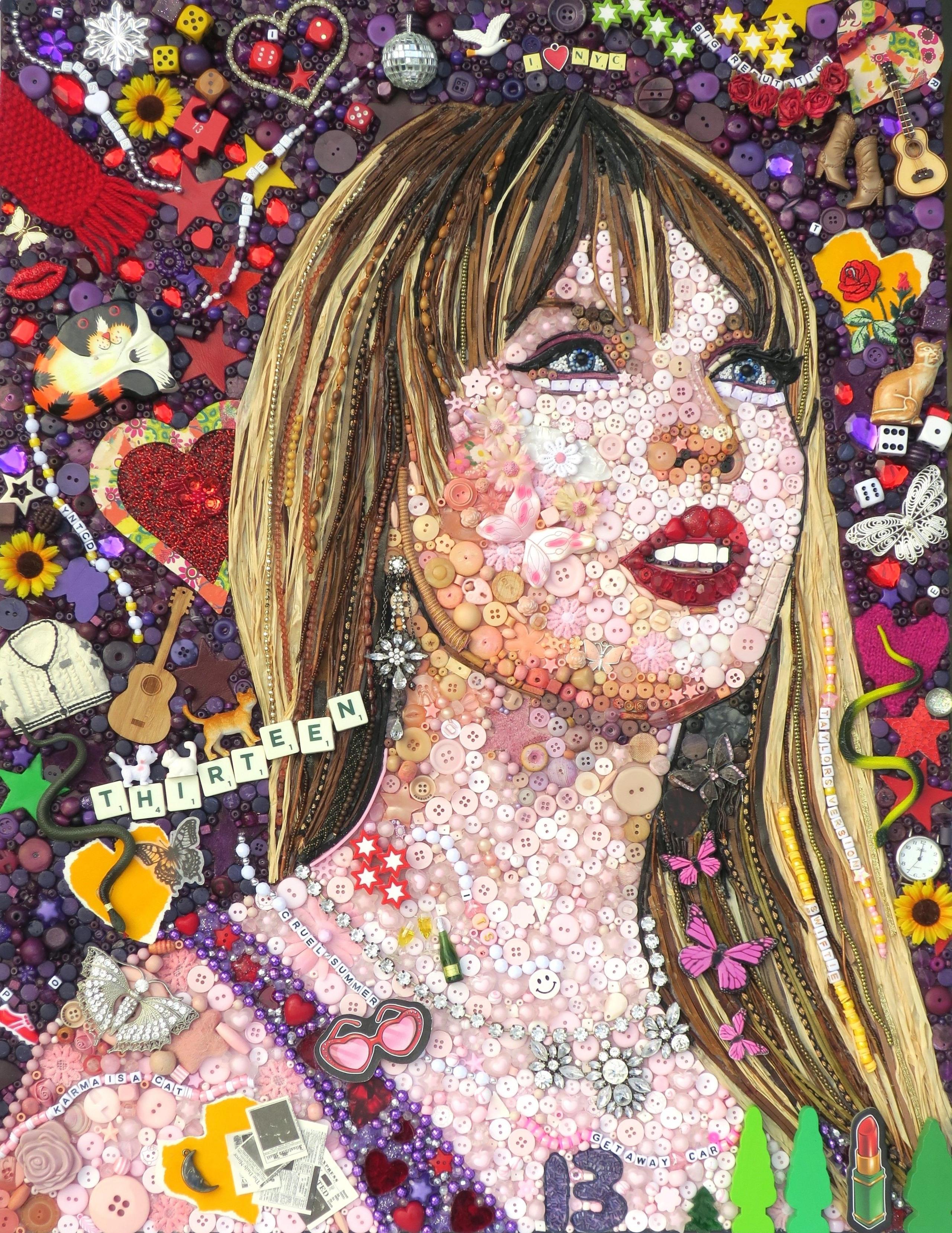 Taylor Swift smiles out from her portrait of found items. From scrabble words, to a toy seagull, a knitted scarf and jewellery are all used to make the picture