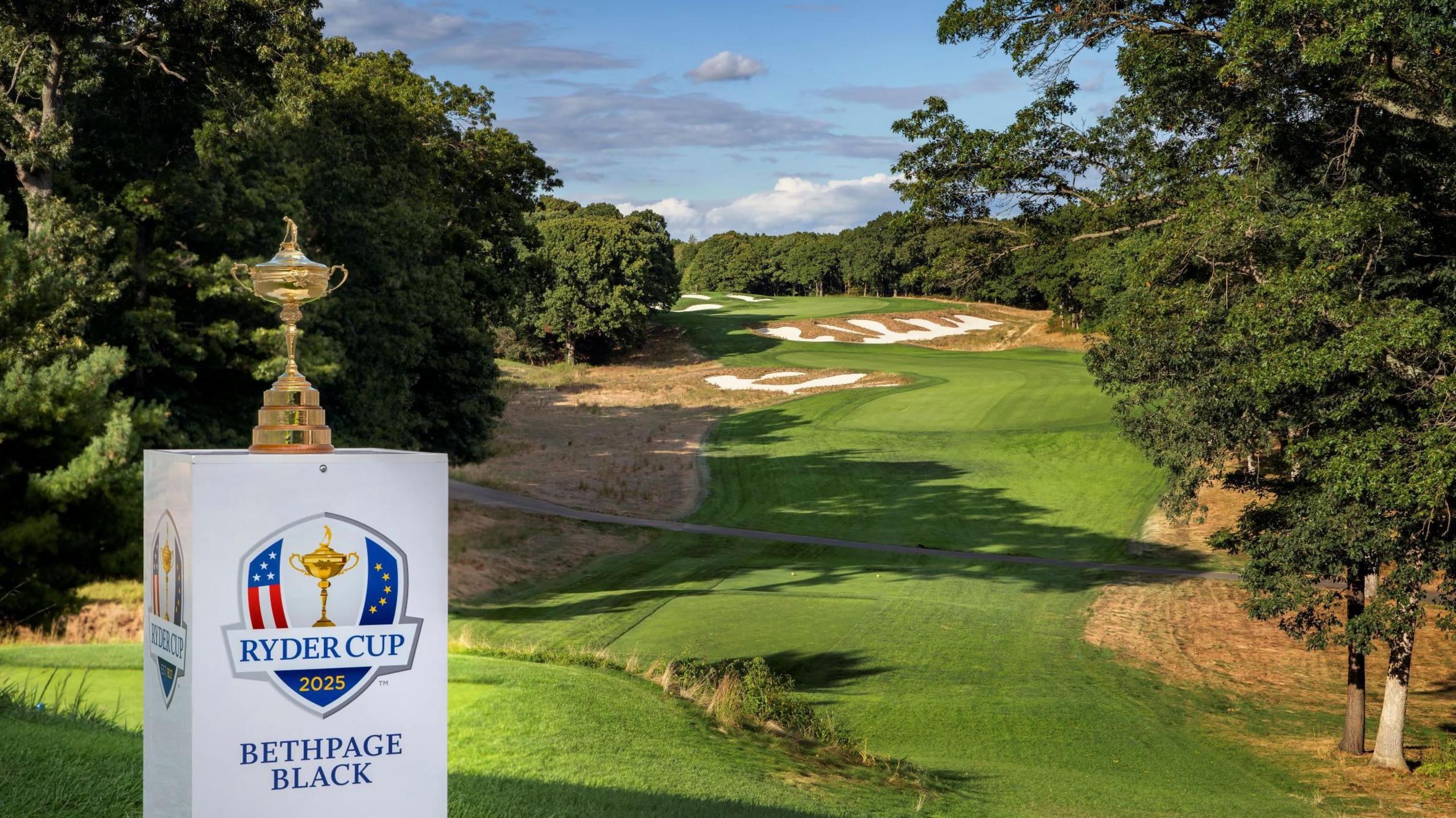 The Ryder Cup trophy perched on the Bethpage Black course