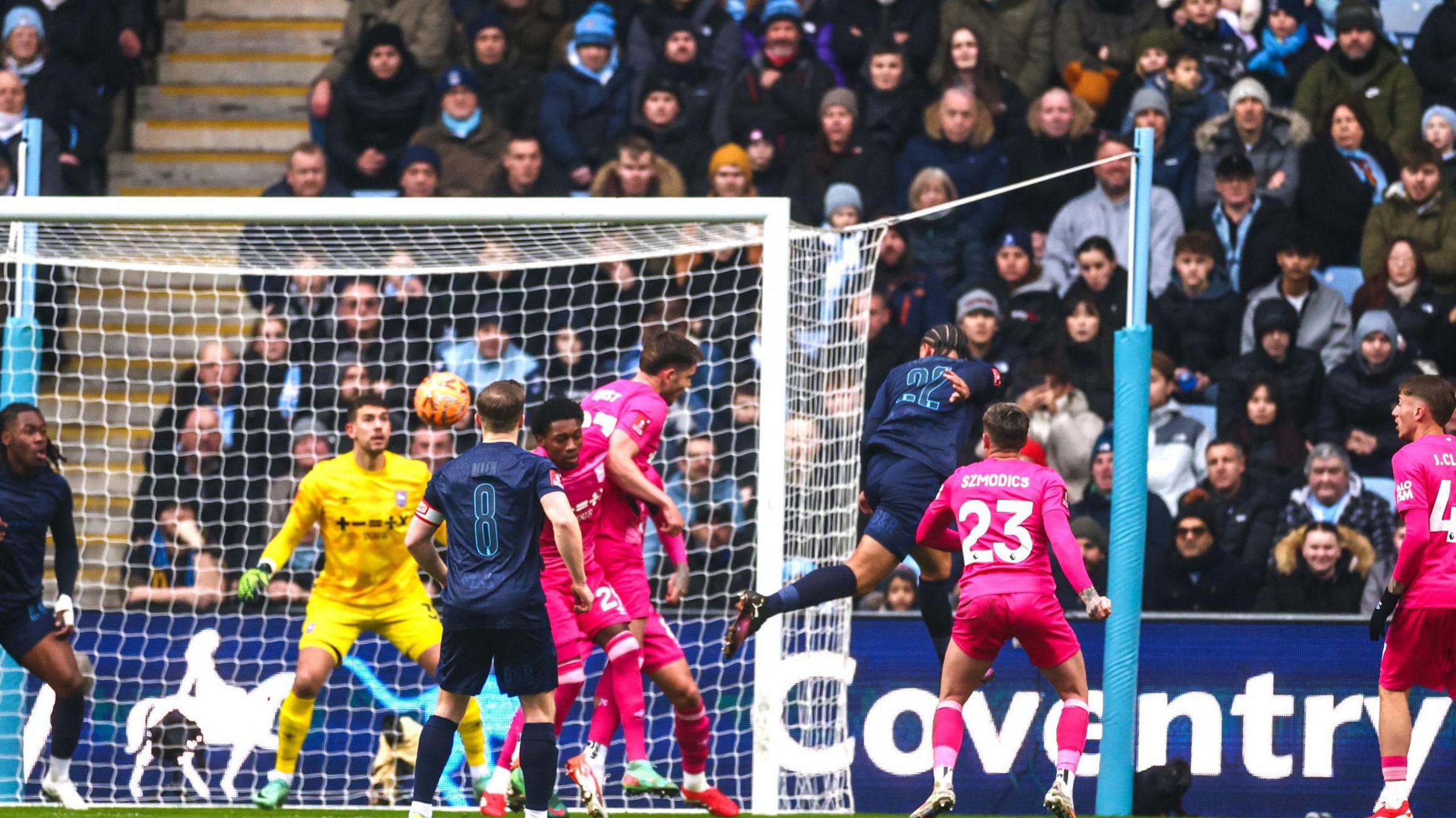 Joel Latabeaudiere heads Coventry level against Ipswich on eight minutes