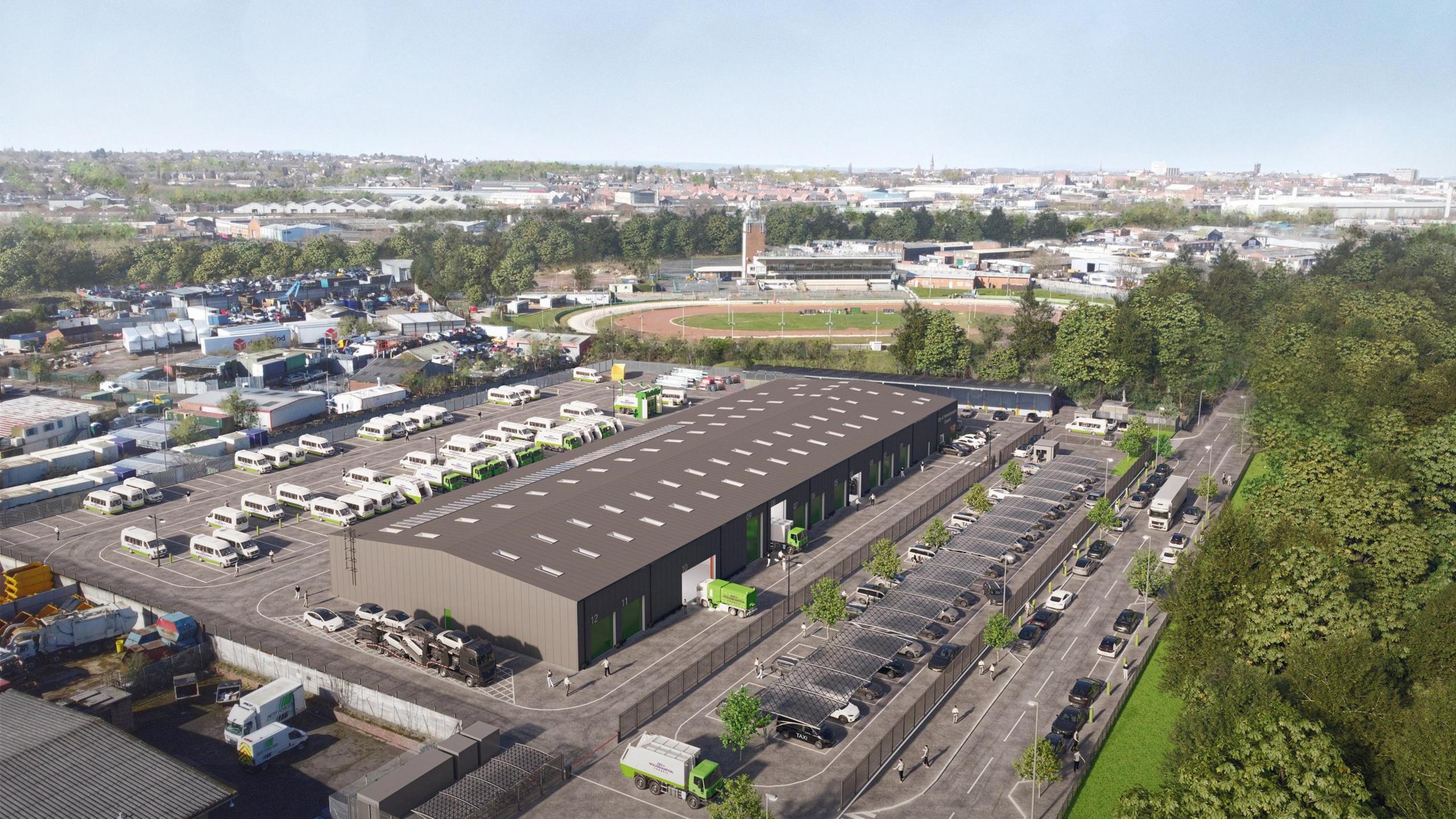 A computer generated image of the proposed fleet services depot.