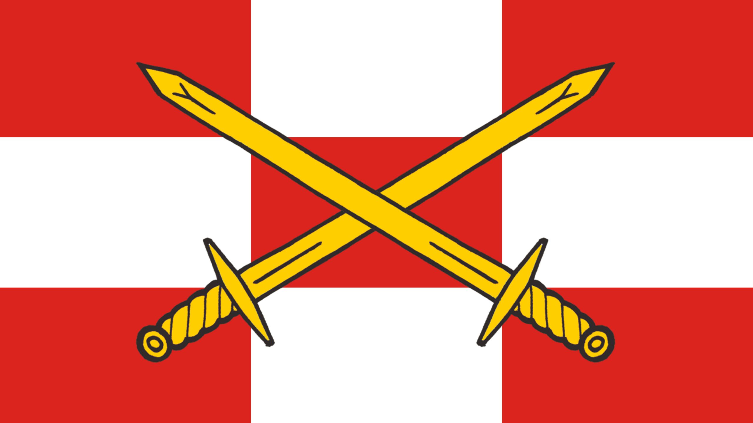 A red-and-white checked pattern forms the background to two crossed golden swords.