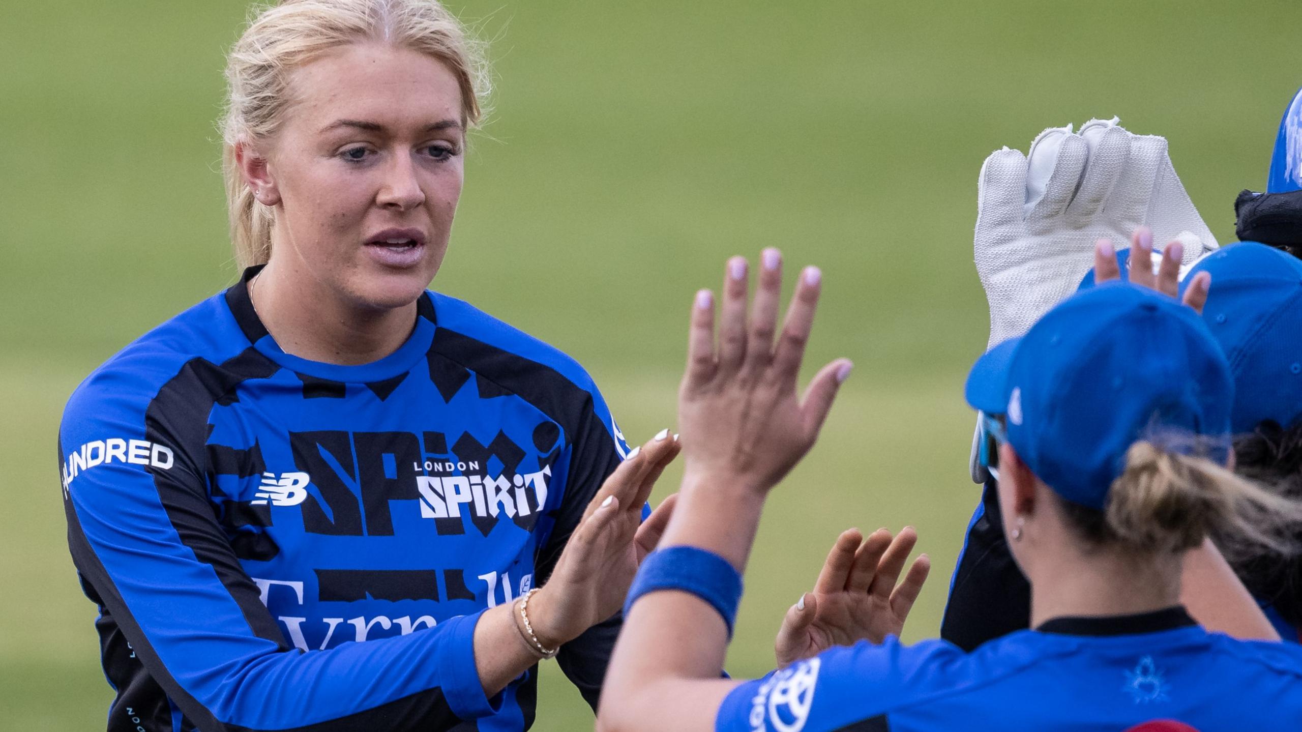 Sarah Glenn celebrates taking a wicket for London Spirit