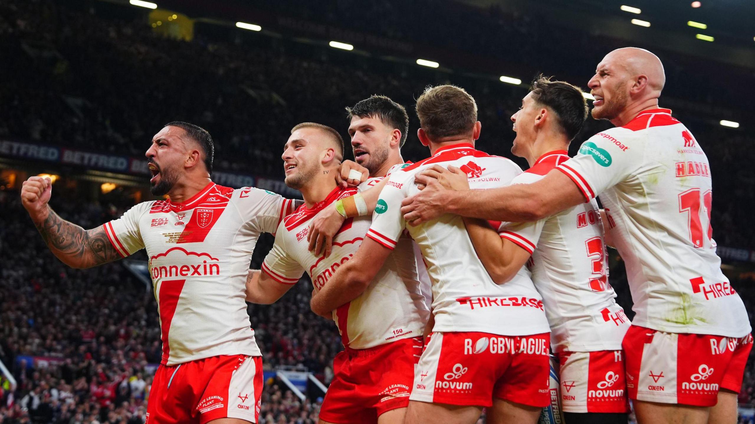 Hull KR celebrate Mikey Lewis' try against Wigan Warriors in the 2025 Super League Grand Final