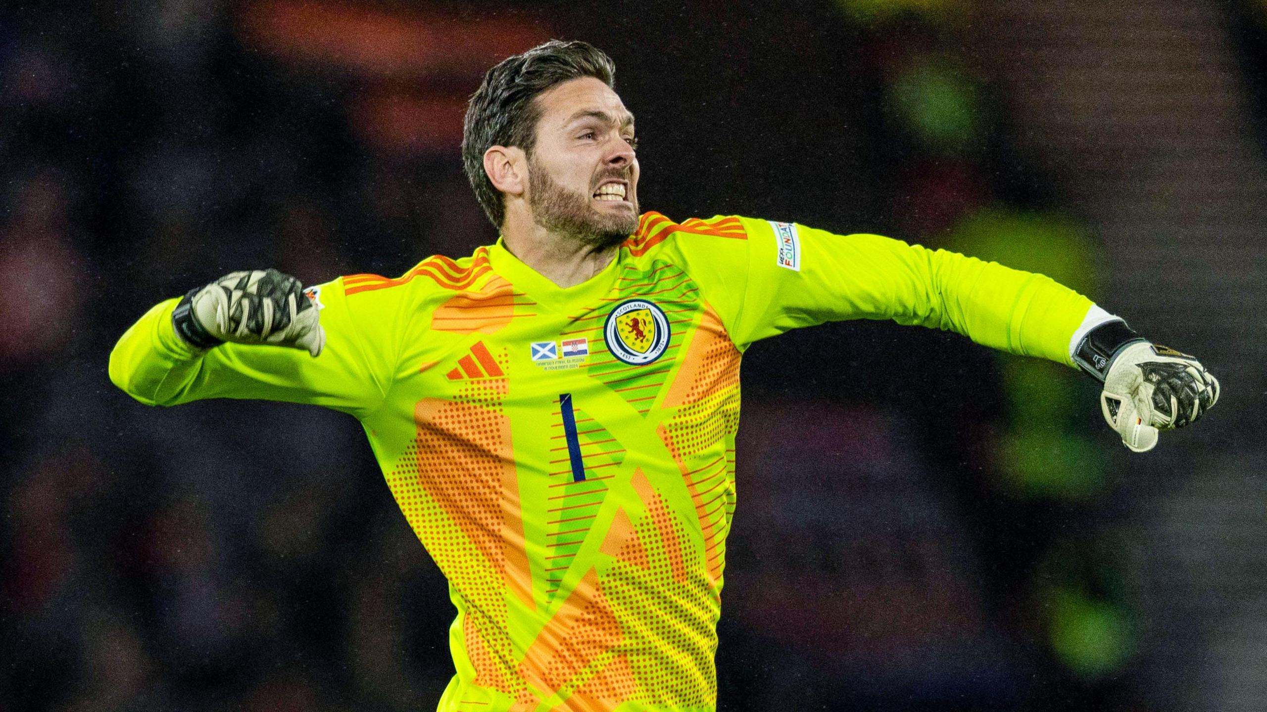 Craig Gordon celebrates John McGinn's winning Scotland goal against Croatia