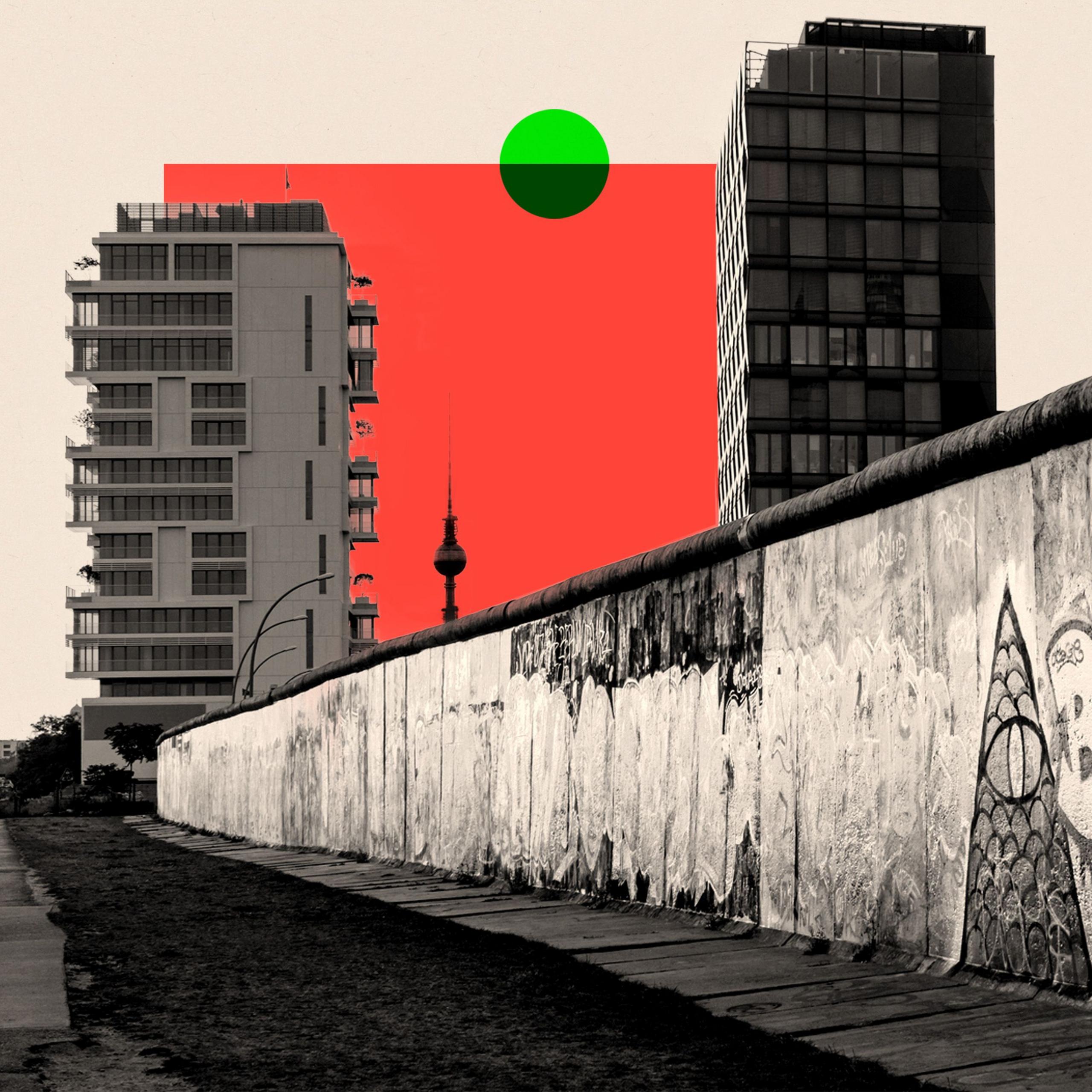 A treated image showing the Berlin Wall with housing blocks on the other side, and the Berlin Television Tower in the distance. The photograph is overlaid with a red square and green dot as design elements
