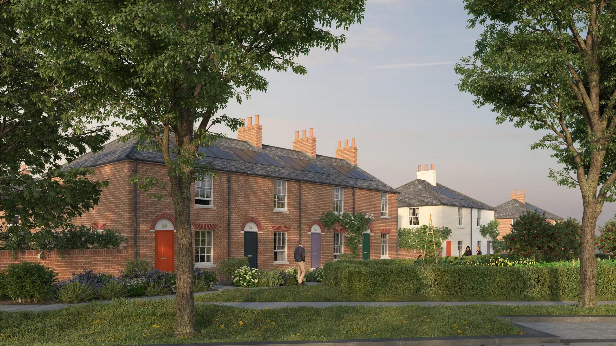 CGI showing four brown terraced houses and two semi-detached white houses