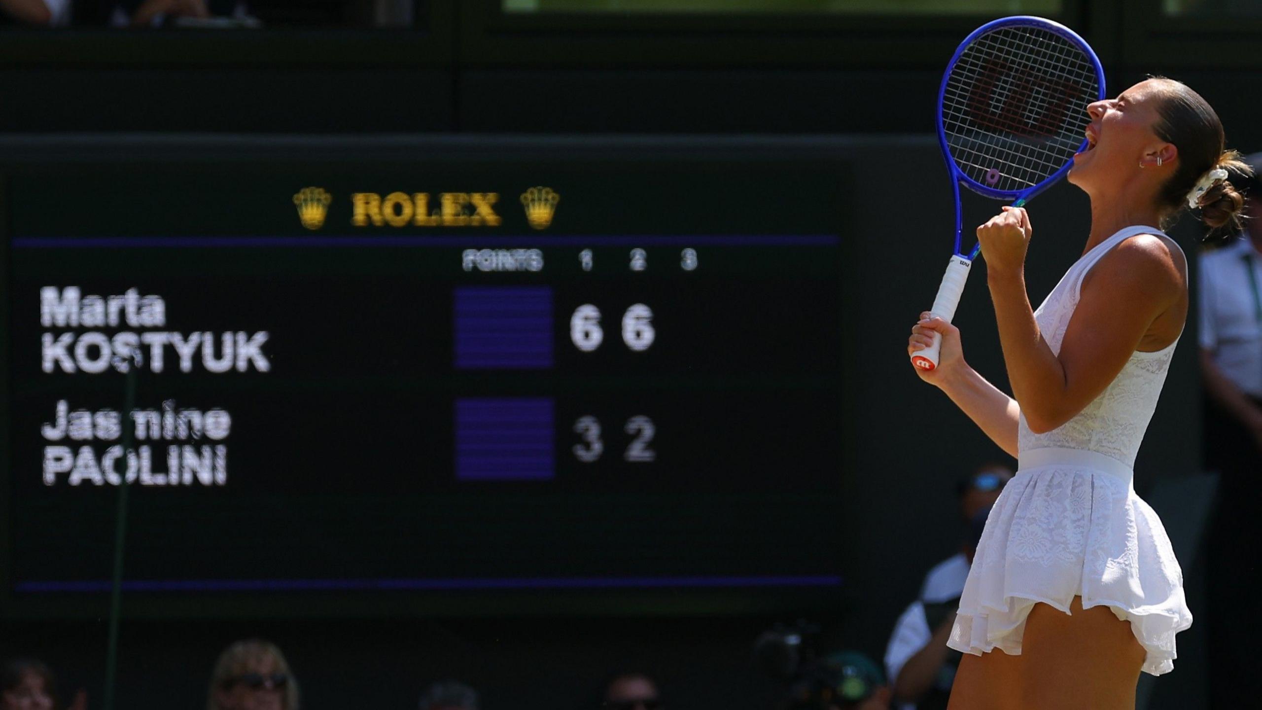 Marta Kostyuk celebrates victory over Jasmine Paolini