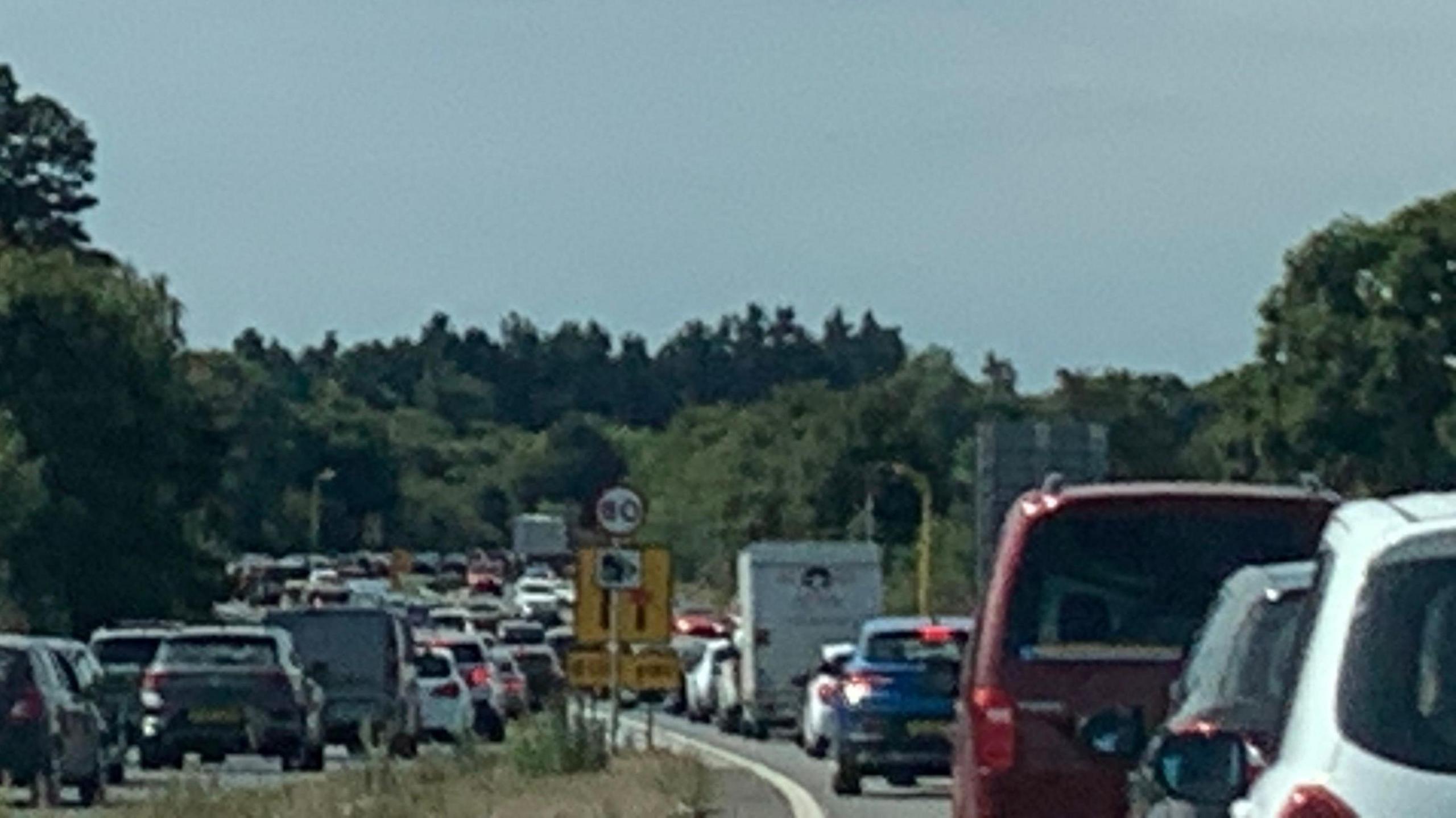 Multiple lanes of cars queuing in traffic on the approach to the Orwell Bridge. There are trees in the background and to the sides of the road. There are average speed cameras and a sign warning of a lane closure.