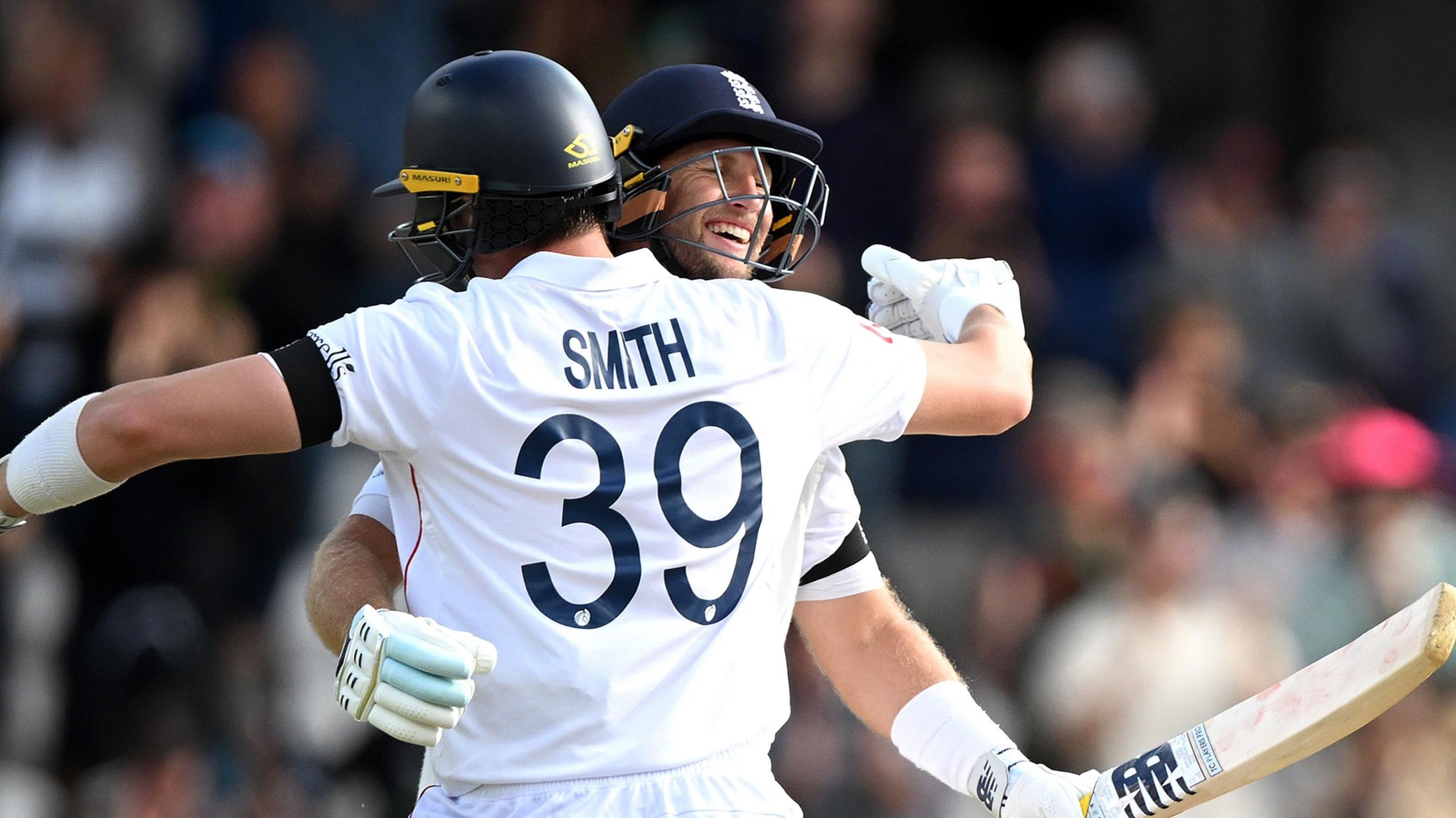 Joe Root and Jamie Smith celebrate win over India in 2025