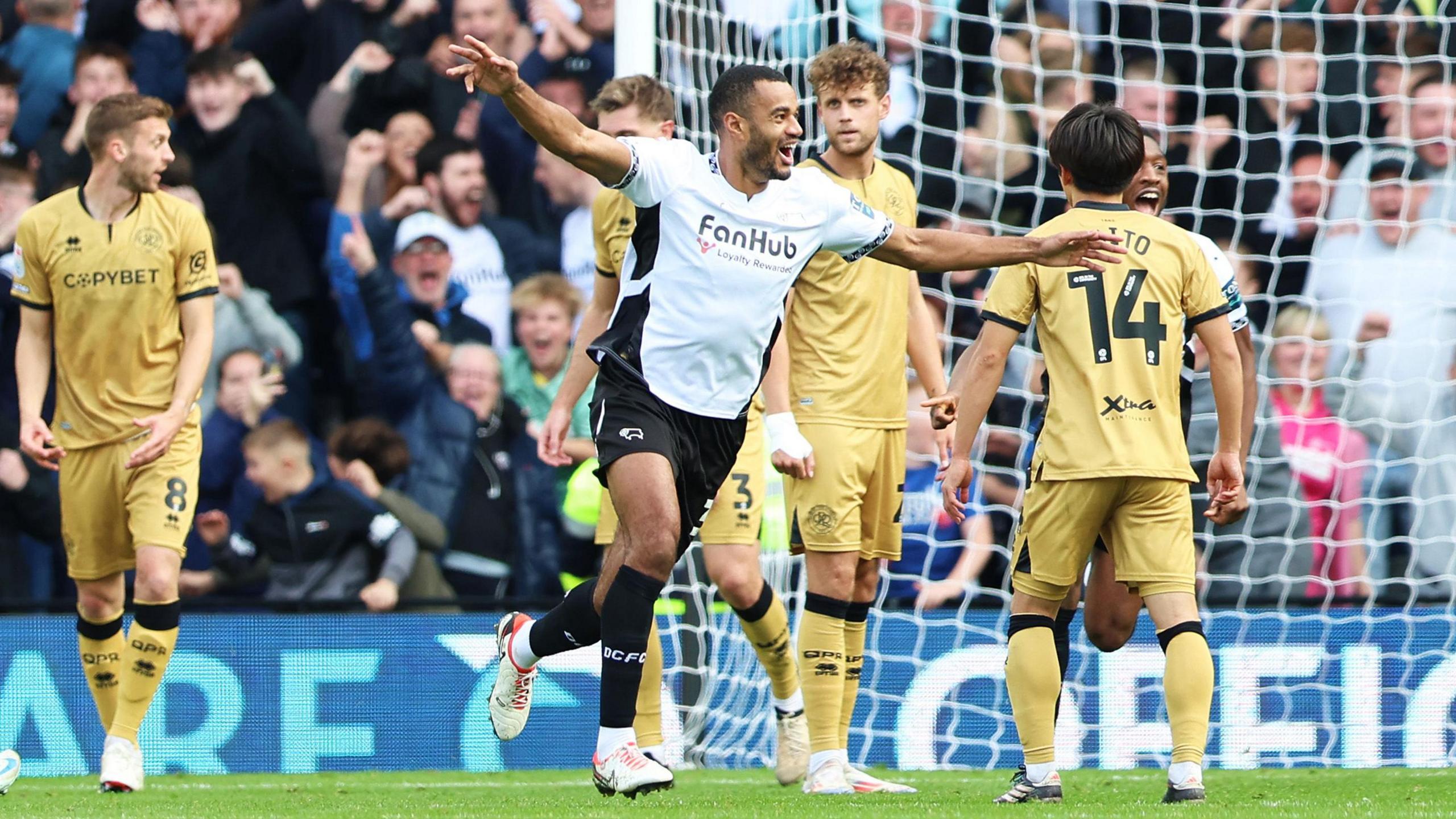 Curtis Nelson celebrates scoring for Derby County against QPR