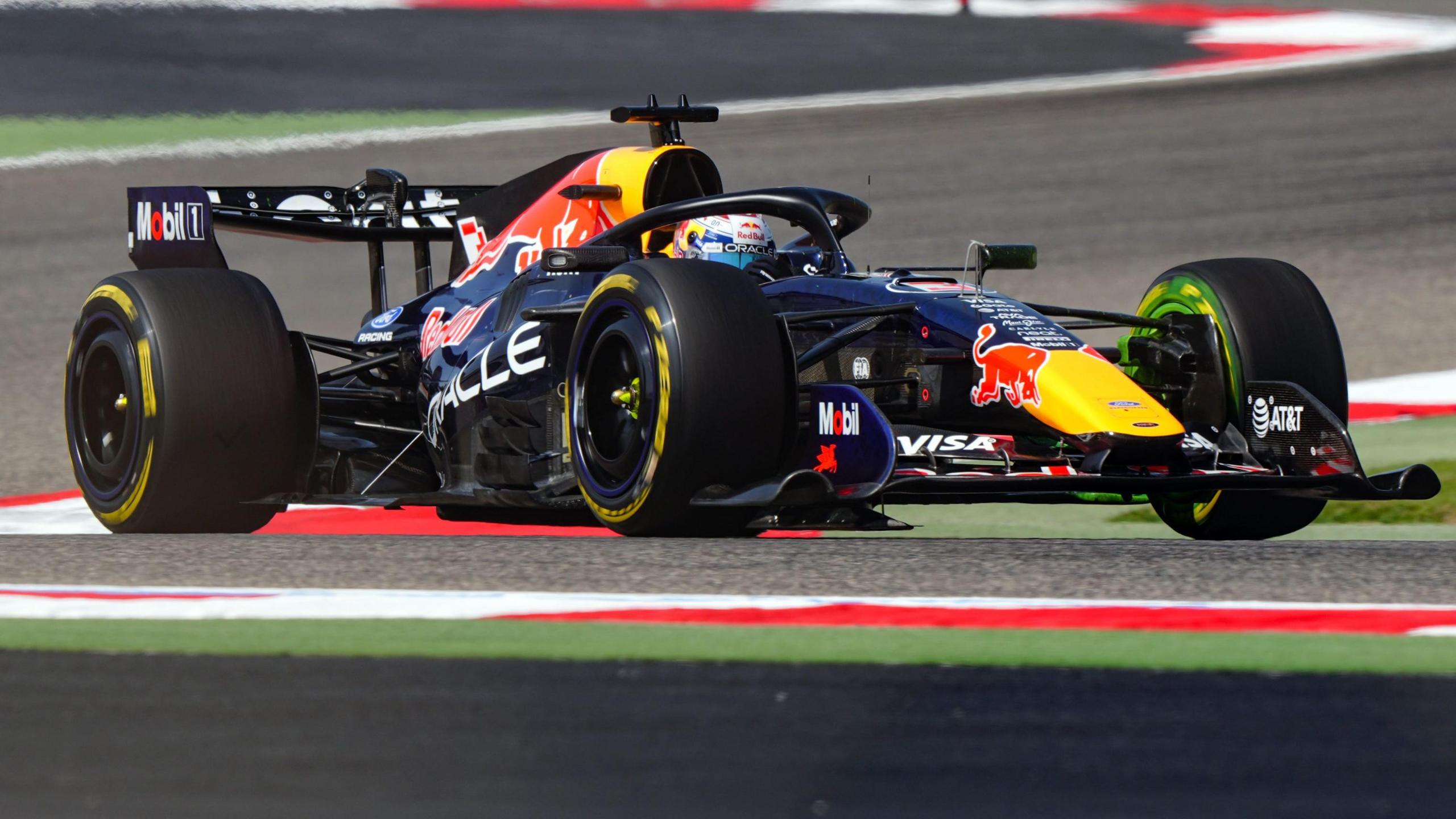 Max Verstappen drives the 2026 Red Bull on track in Bahrain during pre-season testing 
