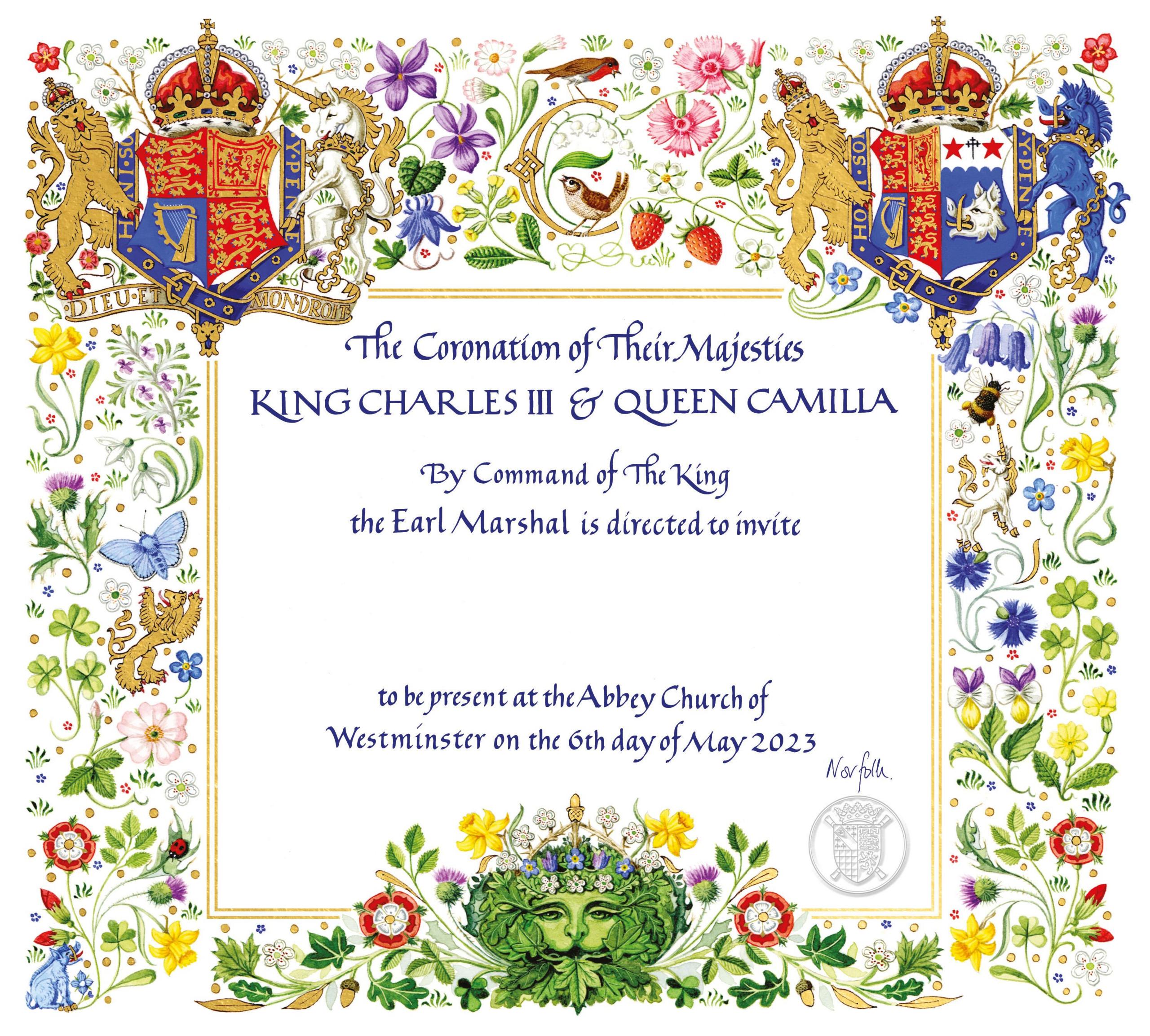 The ornate invitation reads: "The Coronation of Their Majesties King Charles III and Queen Camilla by command of The King The Earl Marshal is directed to invite (gap) to be present at the Abbey Church of Westminster on the 6th day of May 2023"