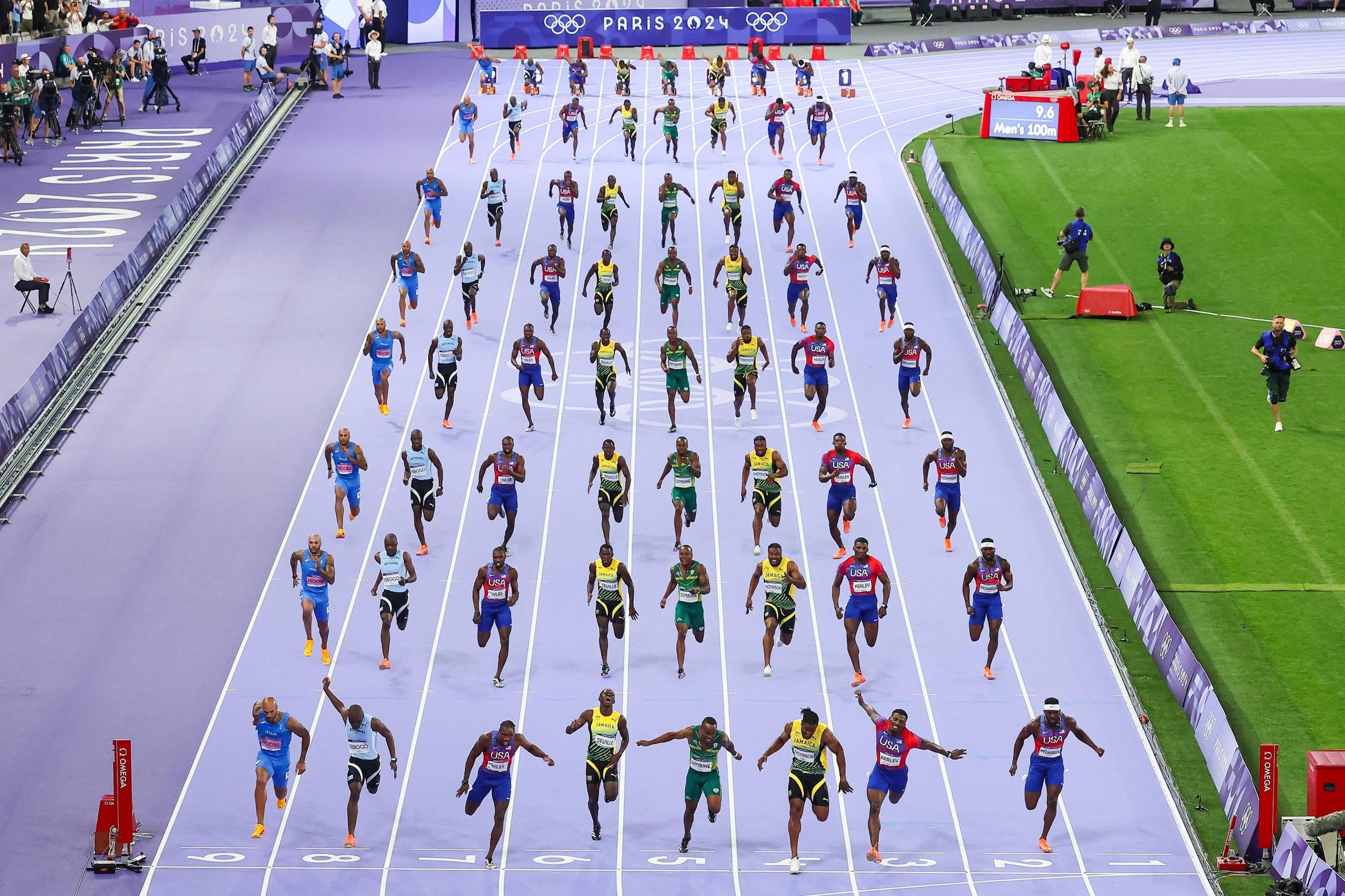 Composite image of the men's 100m final at the Paris Olympics