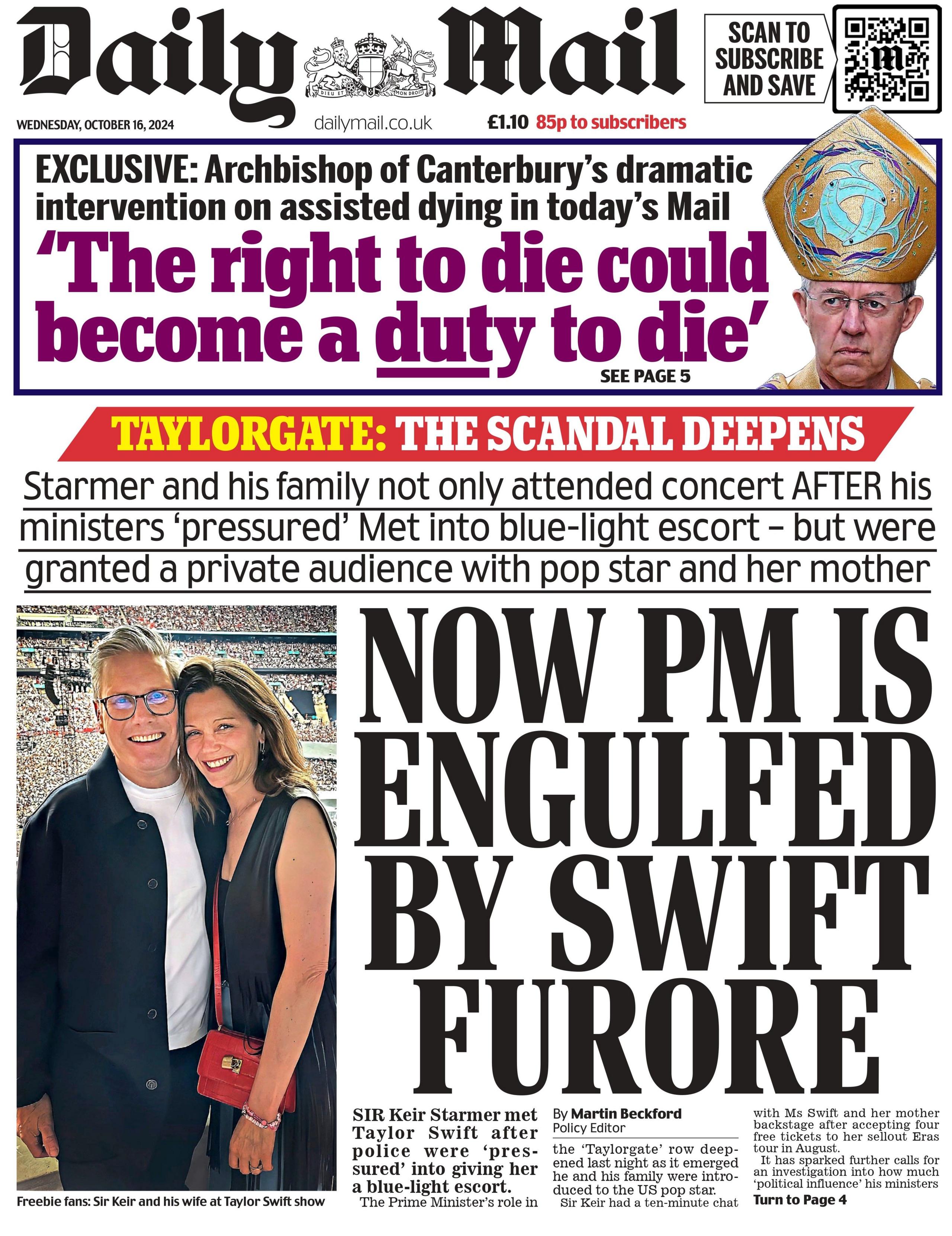 The Daily Mail newspaper front page has a headline which reads "Now PM is engulfed by Swift furore" with an image of Keir Starmer and his wife at a Taylor Swift concert