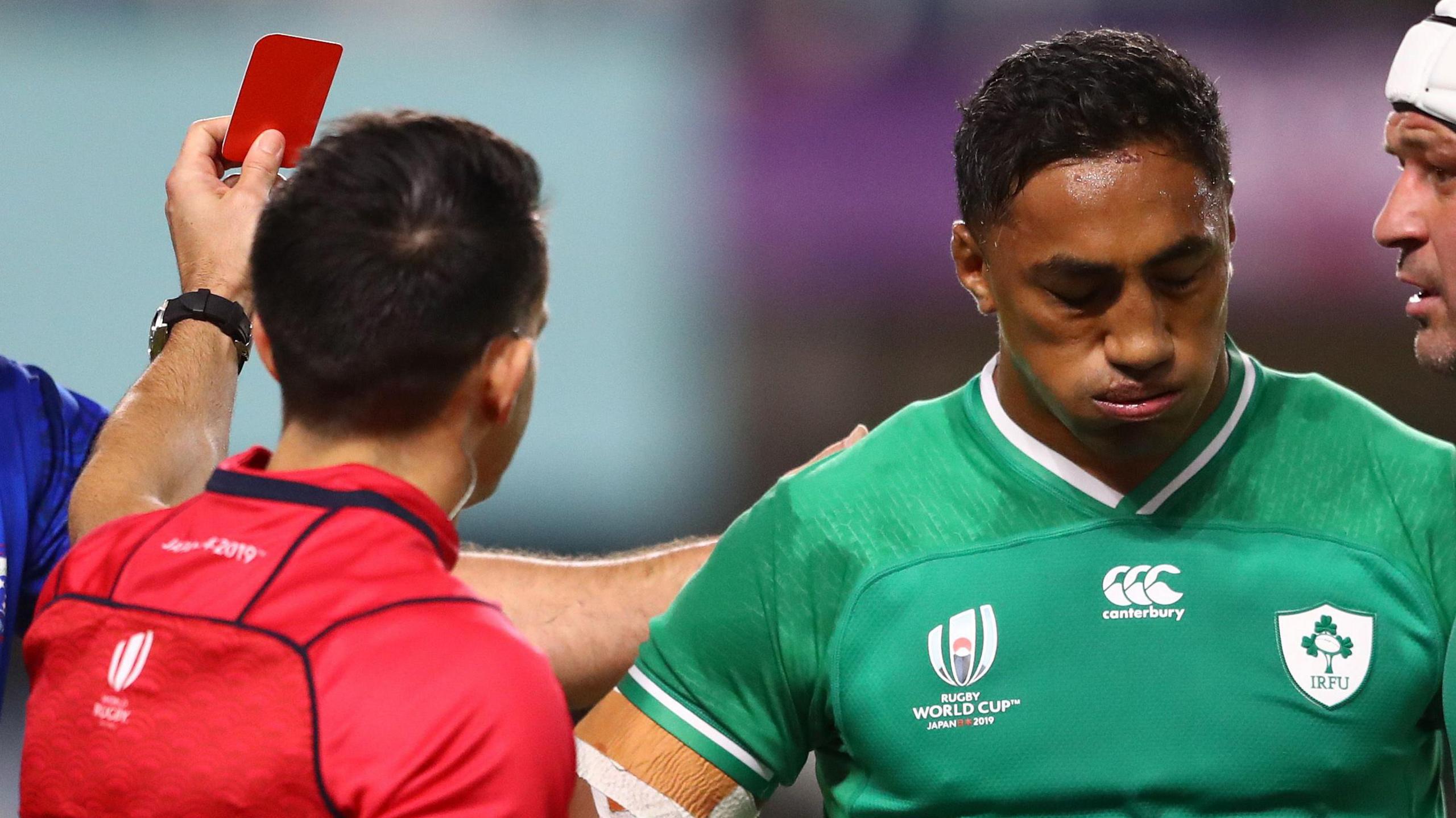 Bundee Aki is dejected after being sent off at the 2019 World Cup in Japan