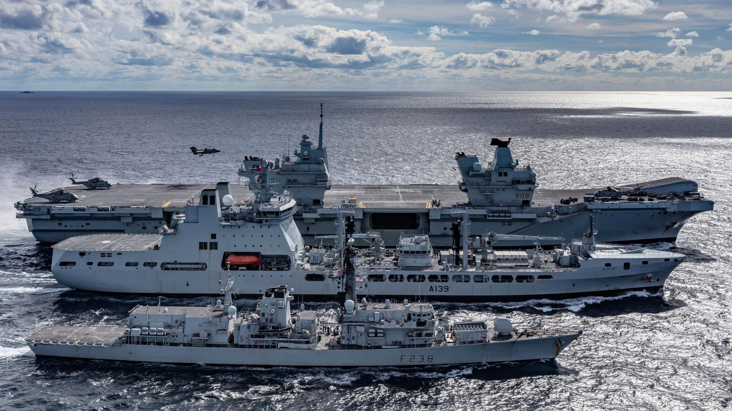 Ships from the Royal Navy and Royal Fleet Auxillary on exercise at sea